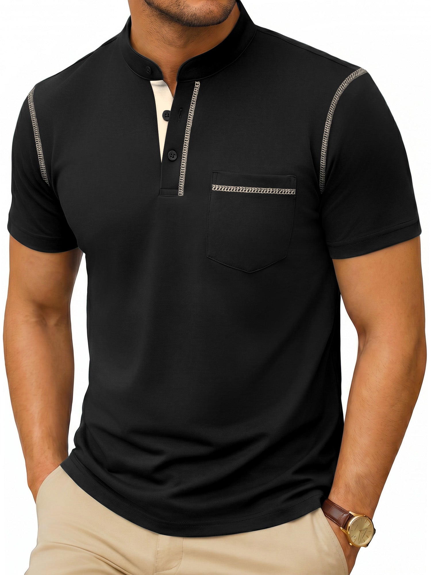 RICHCOIN Henley Men Shirts Short Sleeve T Shirts for Men Summer Tops Classic Pocket Button Casual Color Block Blue Tees