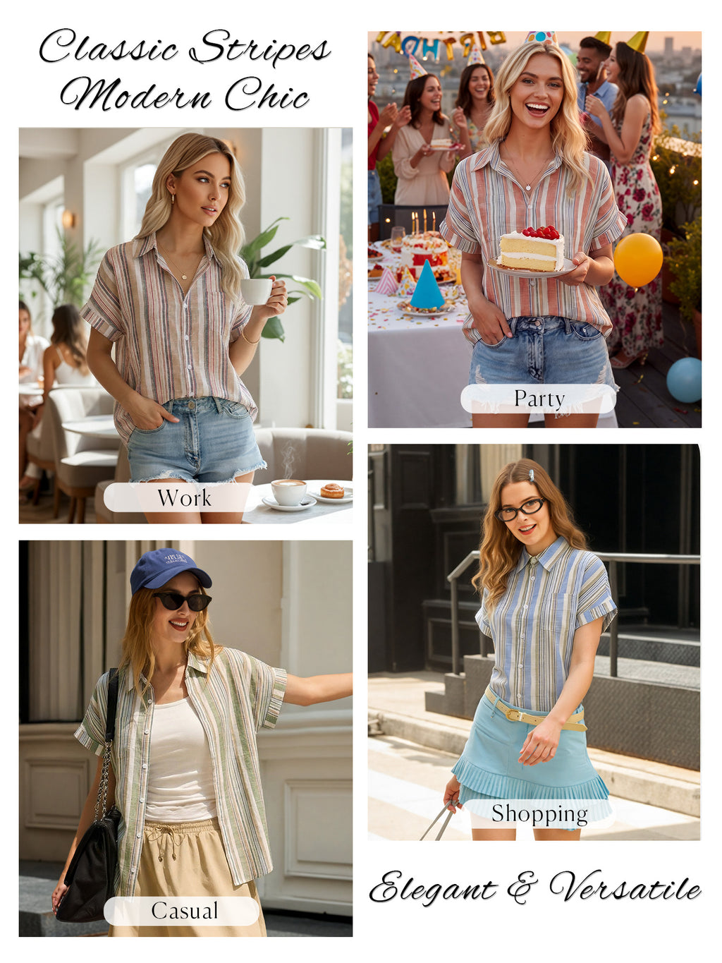 MOYIKO Womens Short Sleeve Striped Shirts Casual Button Down V Neck Work Blouses Tops