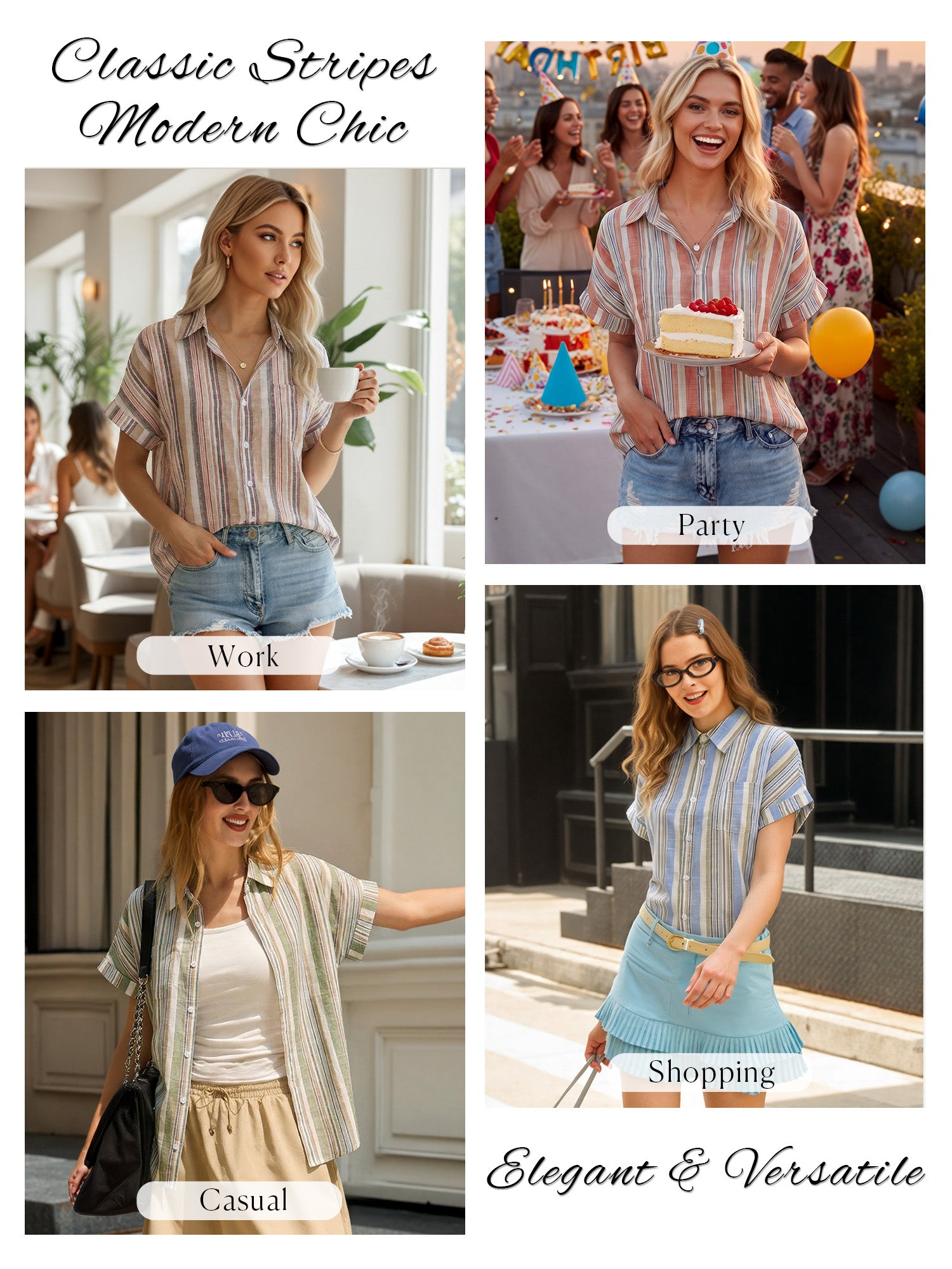 MOYIKO Womens Short Sleeve Striped Shirts Casual Button Down V Neck Work Blouses Tops