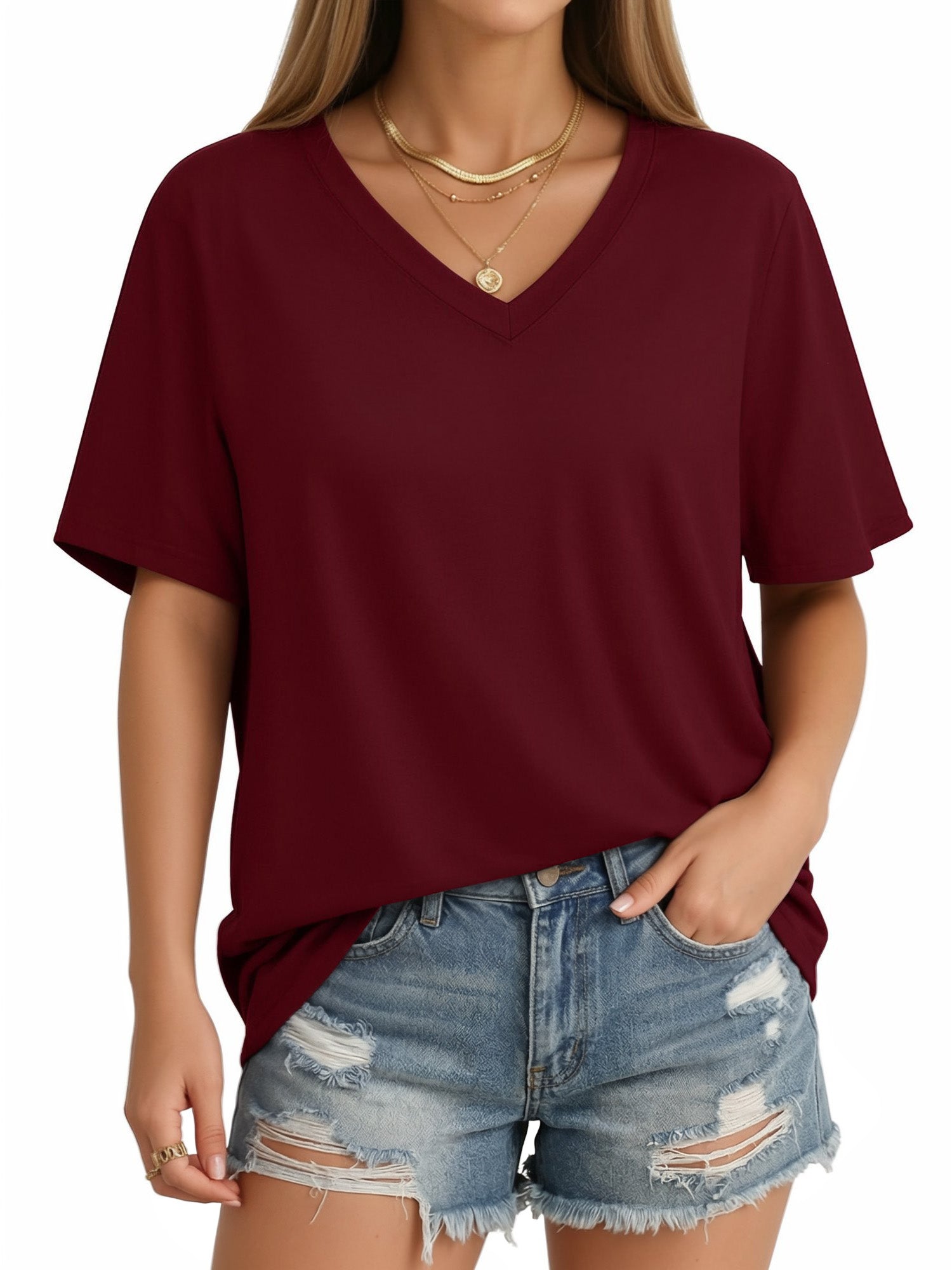 MOYIKO T Shirts Short Sleeve V Neck Tees for Women Fashion Trendy Tops Casual Summer Clothes