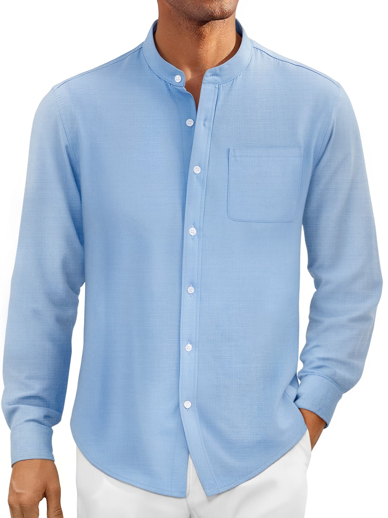 OALUXE Men's Linen Shirts Long Sleeve Button Down Shirt Band Collar Casual Summer Beach Shirts