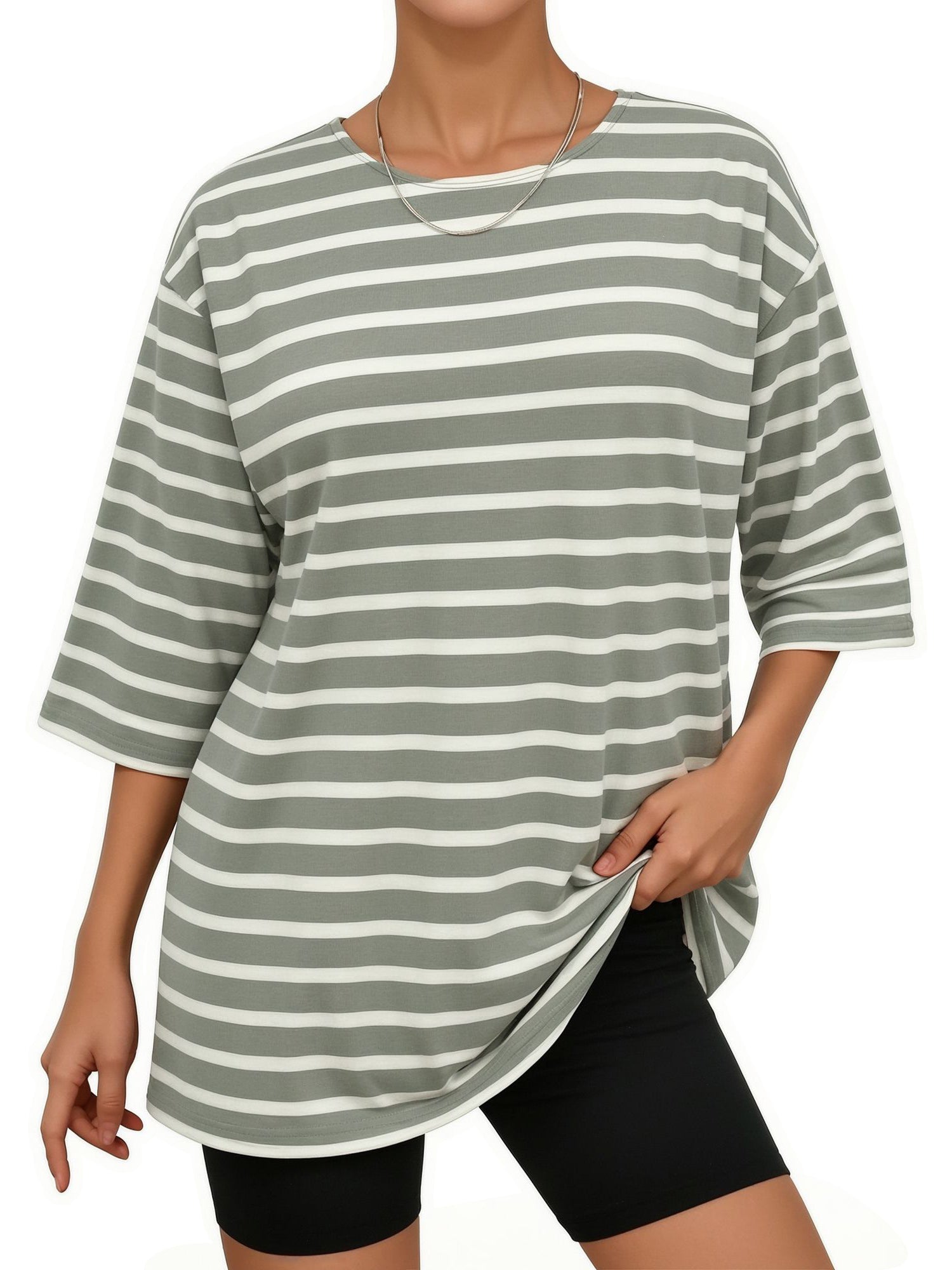 MOYIKO Striped T Shirts for Women 3/4 Length Sleeve Crewneck Casual Loose Fit Tees Summer Tops