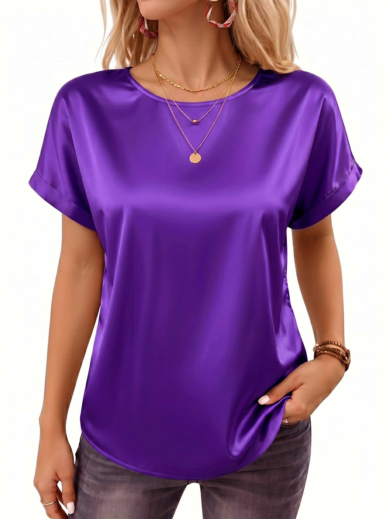 MOYIKO Satin Blouse for Women Short Sleeve Crewneck Silk Shirt Business Casual Outfit Summer Dressy Clothes