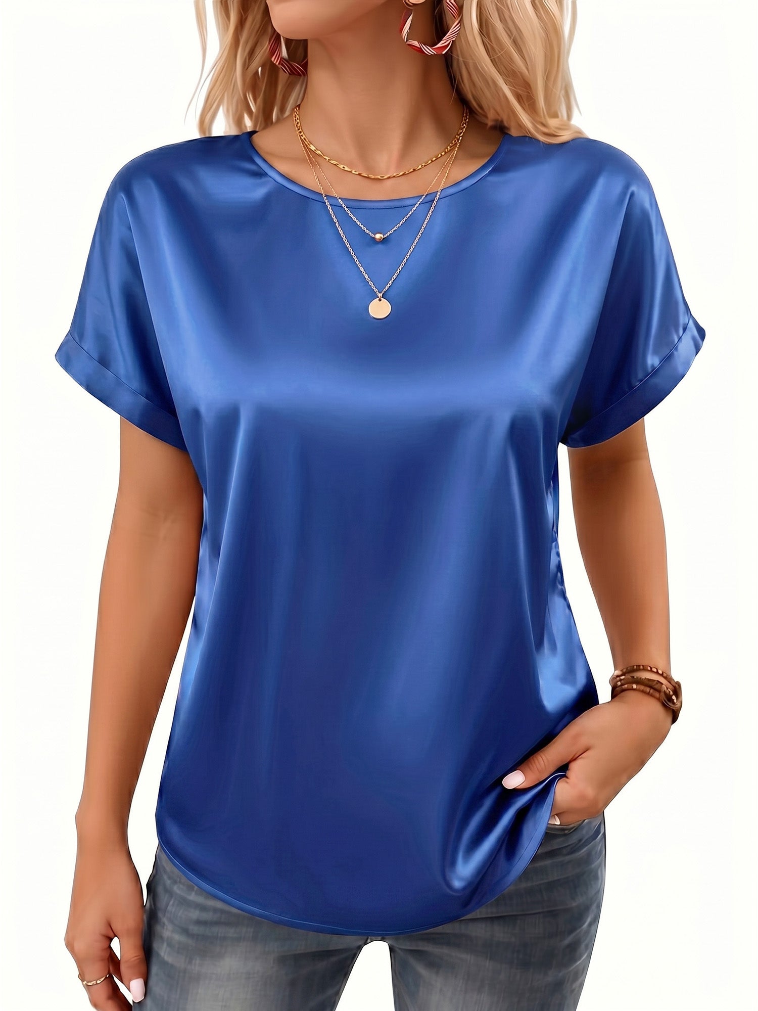 MOYIKO Satin Blouse for Women Short Sleeve Crewneck Silk Shirt Business Casual Outfit Summer Dressy Clothes