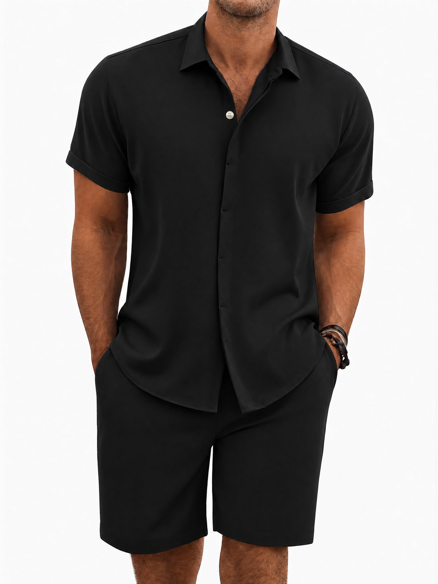 RICHCOIN Mens 2 Piece Outfit Summer Beach Short Sleeve Button Down Shirts and Shorts Vacation Linen Sets for Men