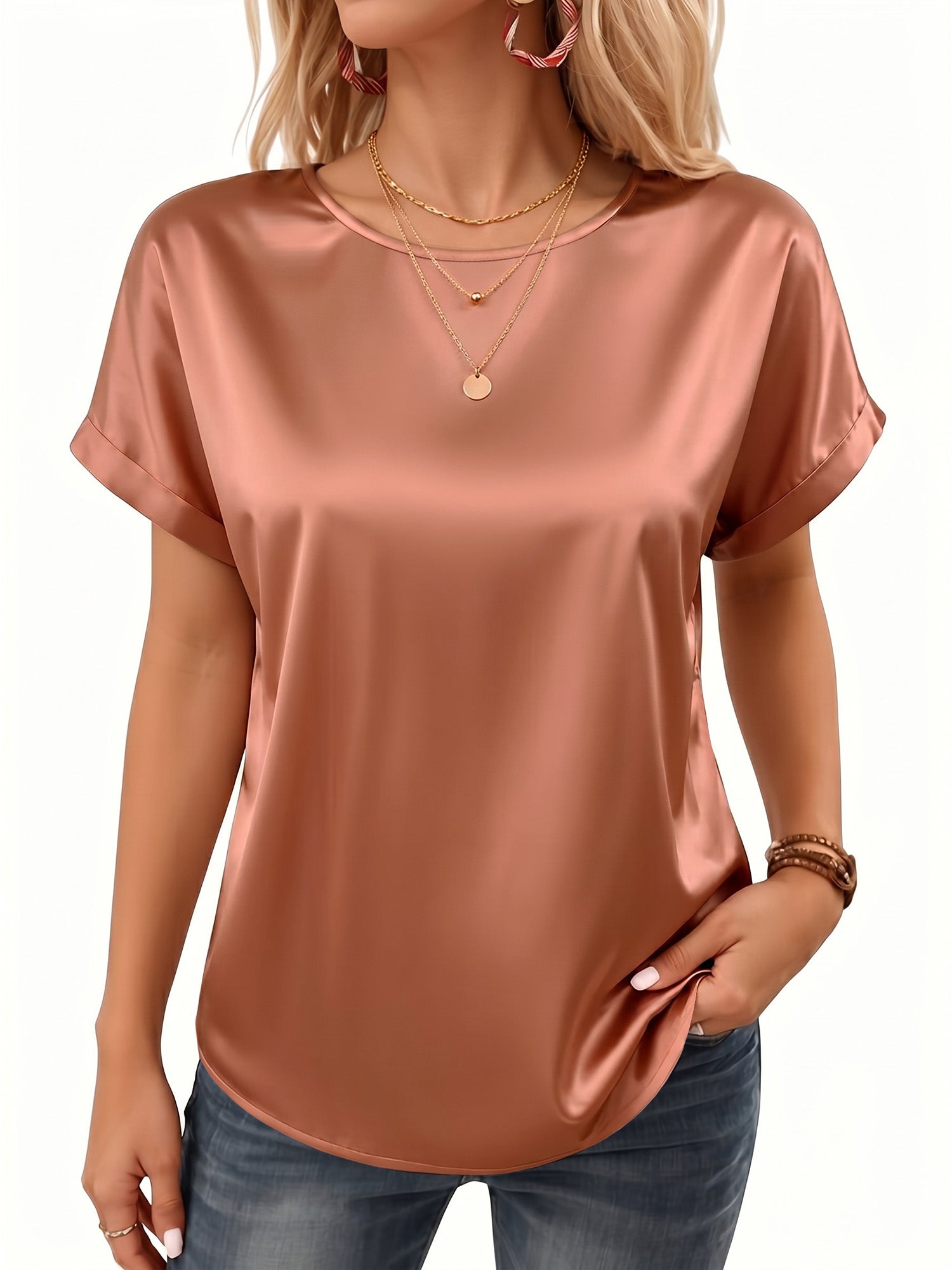 MOYIKO Satin Blouse for Women Short Sleeve Crewneck Silk Shirt Business Casual Outfit Summer Dressy Clothes