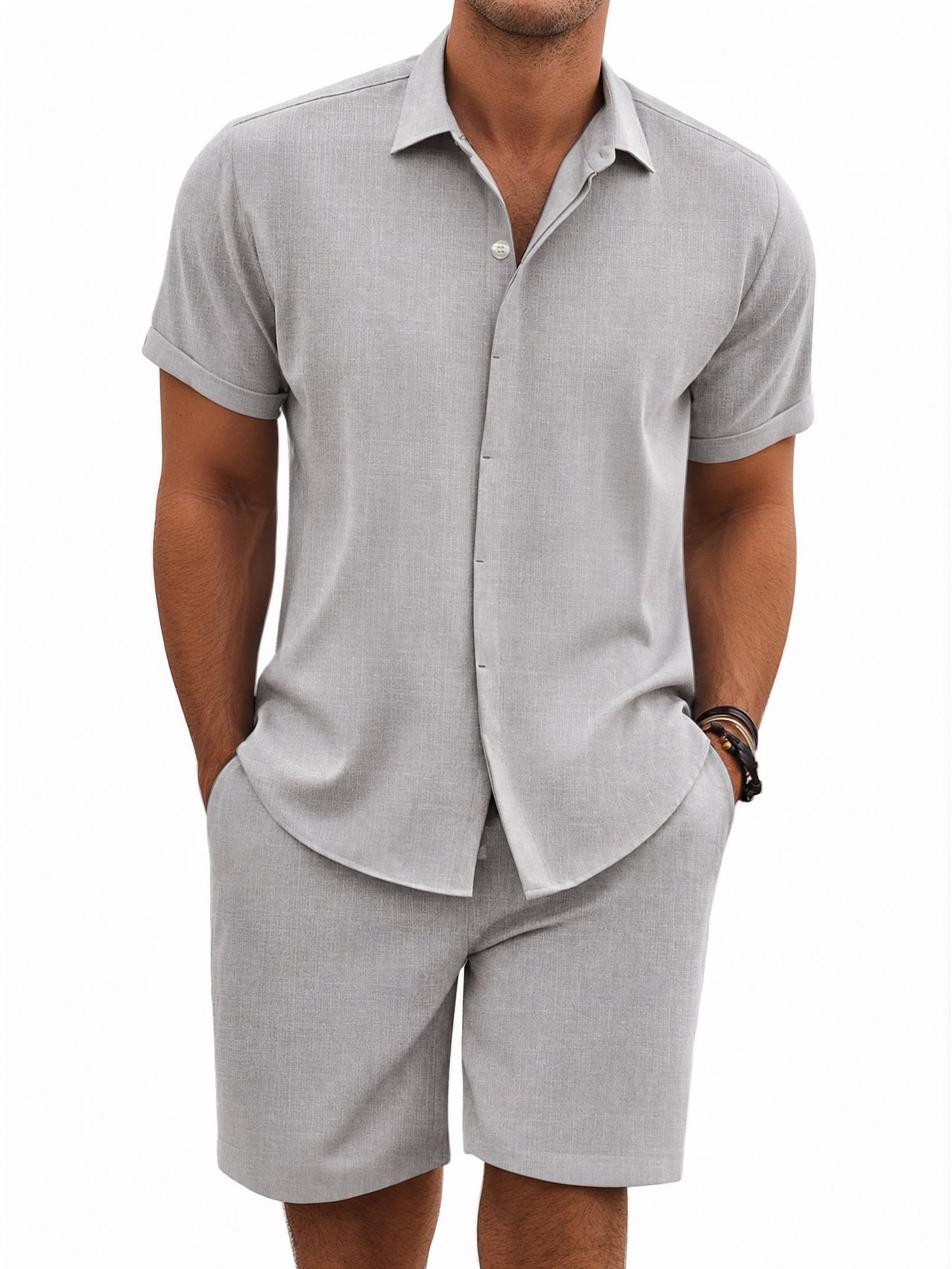 RICHCOIN Mens 2 Piece Outfit Summer Beach Short Sleeve Button Down Shirts and Shorts Vacation Linen Sets for Men