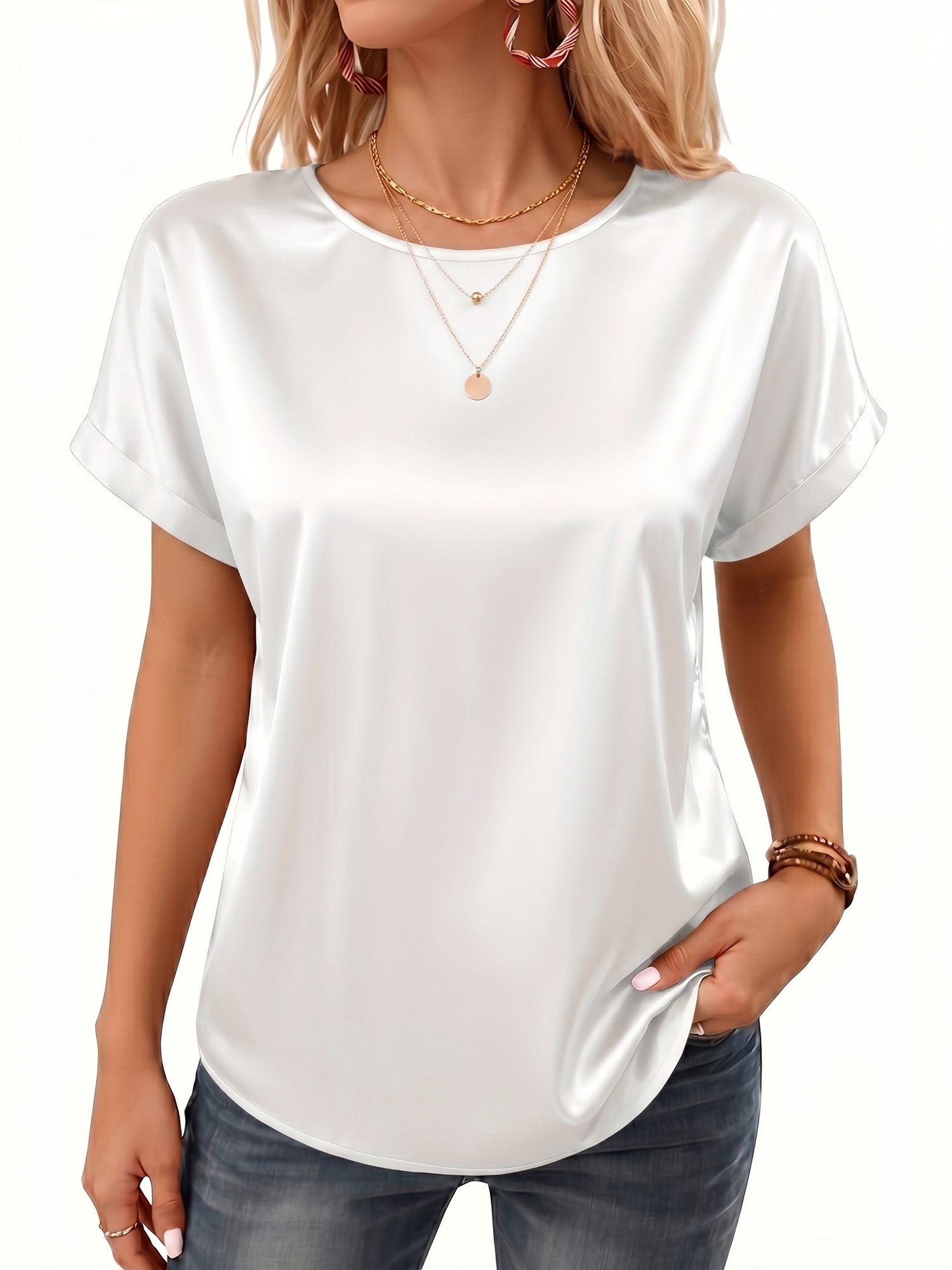 MOYIKO Satin Blouse for Women Short Sleeve Crewneck Silk Shirt Business Casual Outfit Summer Dressy Clothes