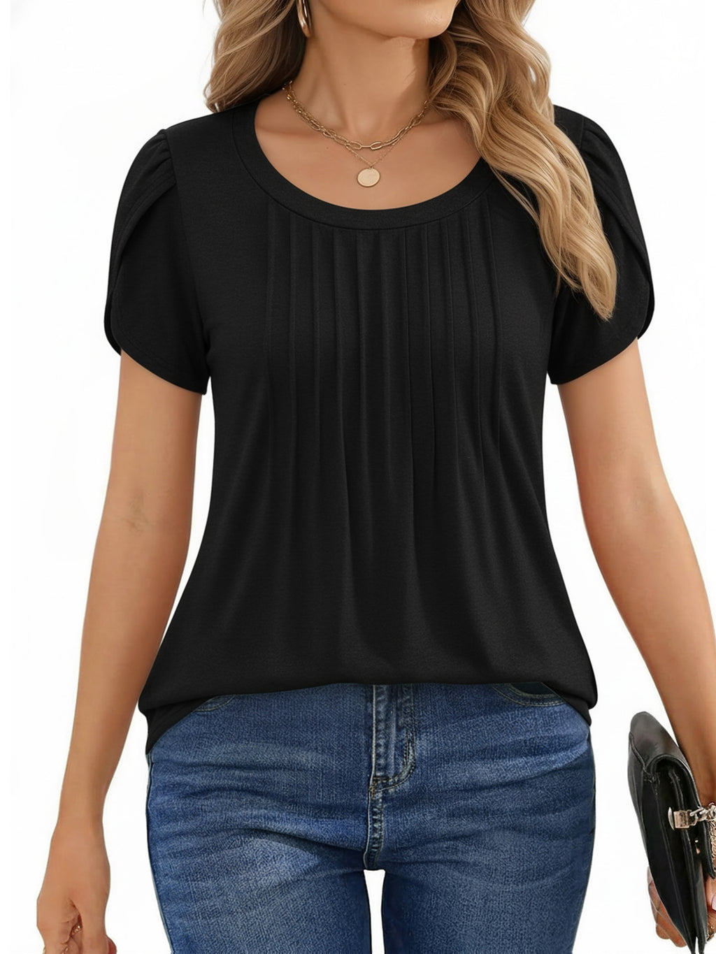 MOYIKO Womens T Shirts Petal Short Sleeve Summer Tops Pleated Tunic Round Neck Blouses Dressy Casual
