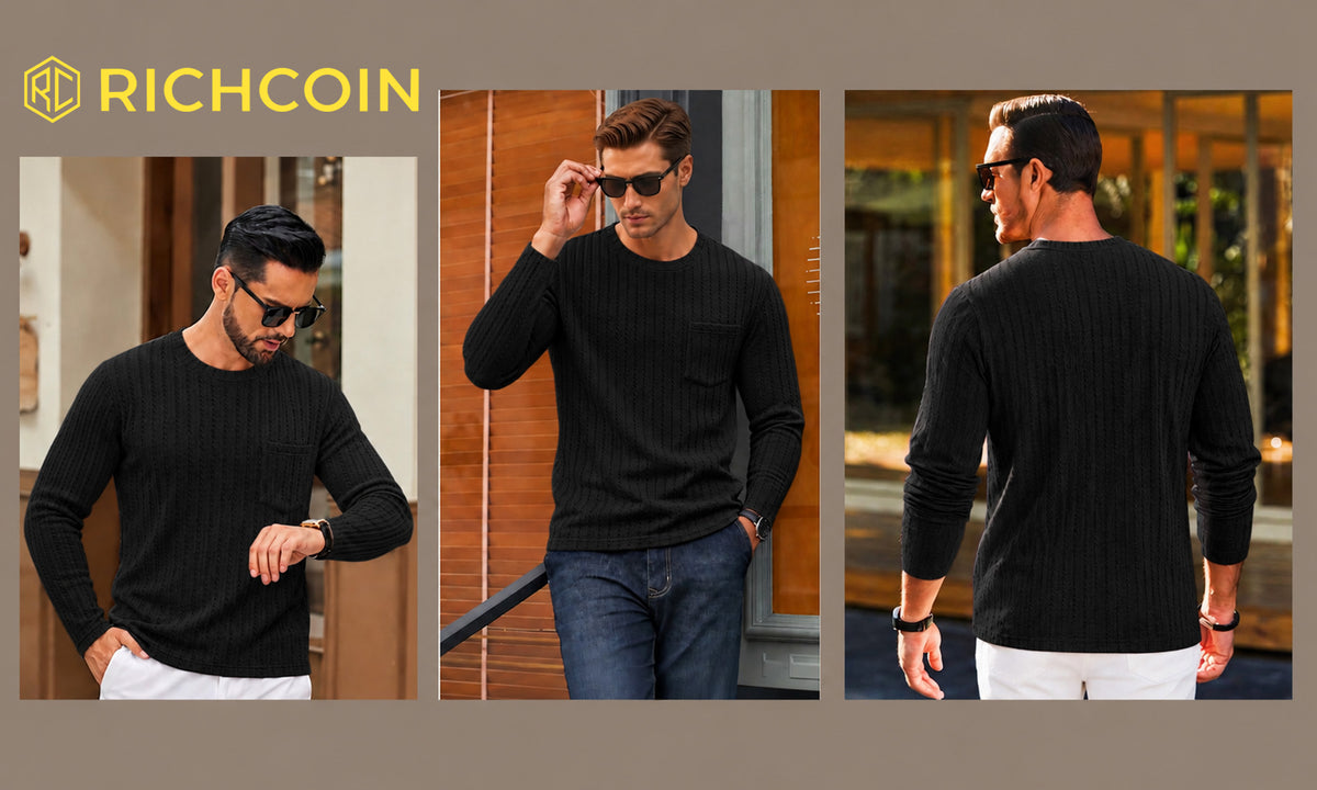 RICHCOIN Men's Crewneck T-Shirts Long Sleeve Shirts for Men Ribbed Knit Textured Solid Casual Pocket Basic Tee Tops