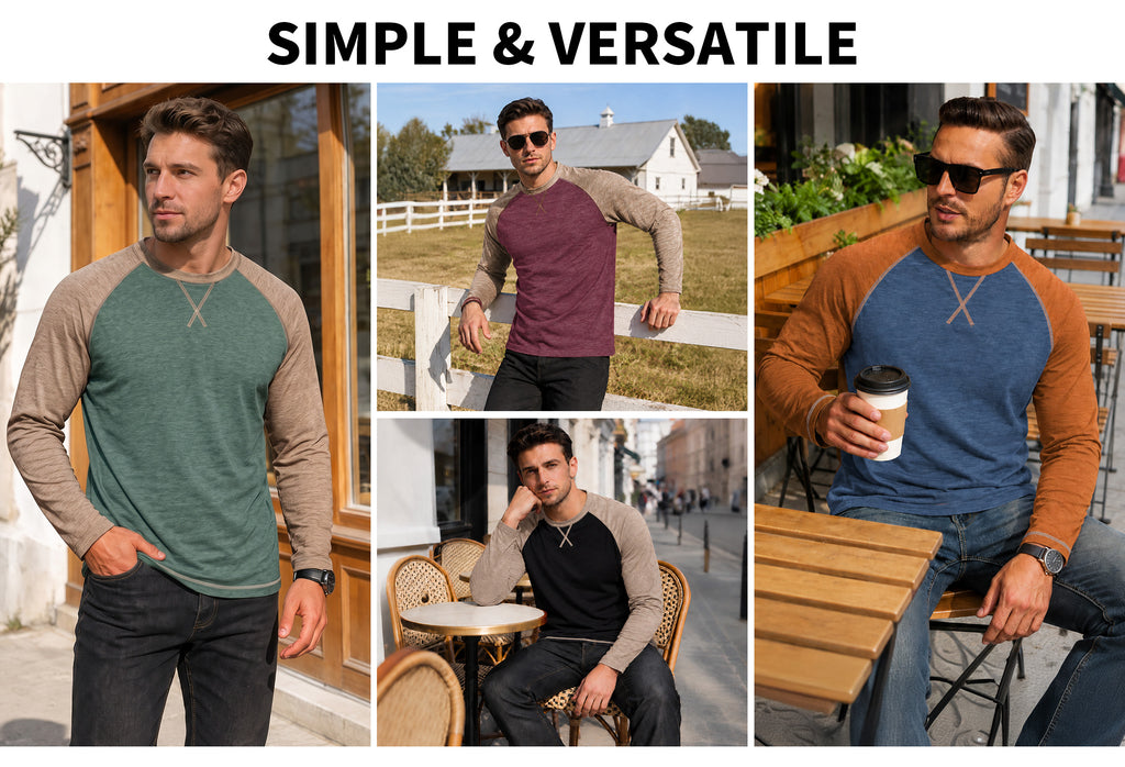 RICHCOIN Mens Raglan Long Sleeve Shirts Color Block Crew Neck Basic Casual T-Shirts