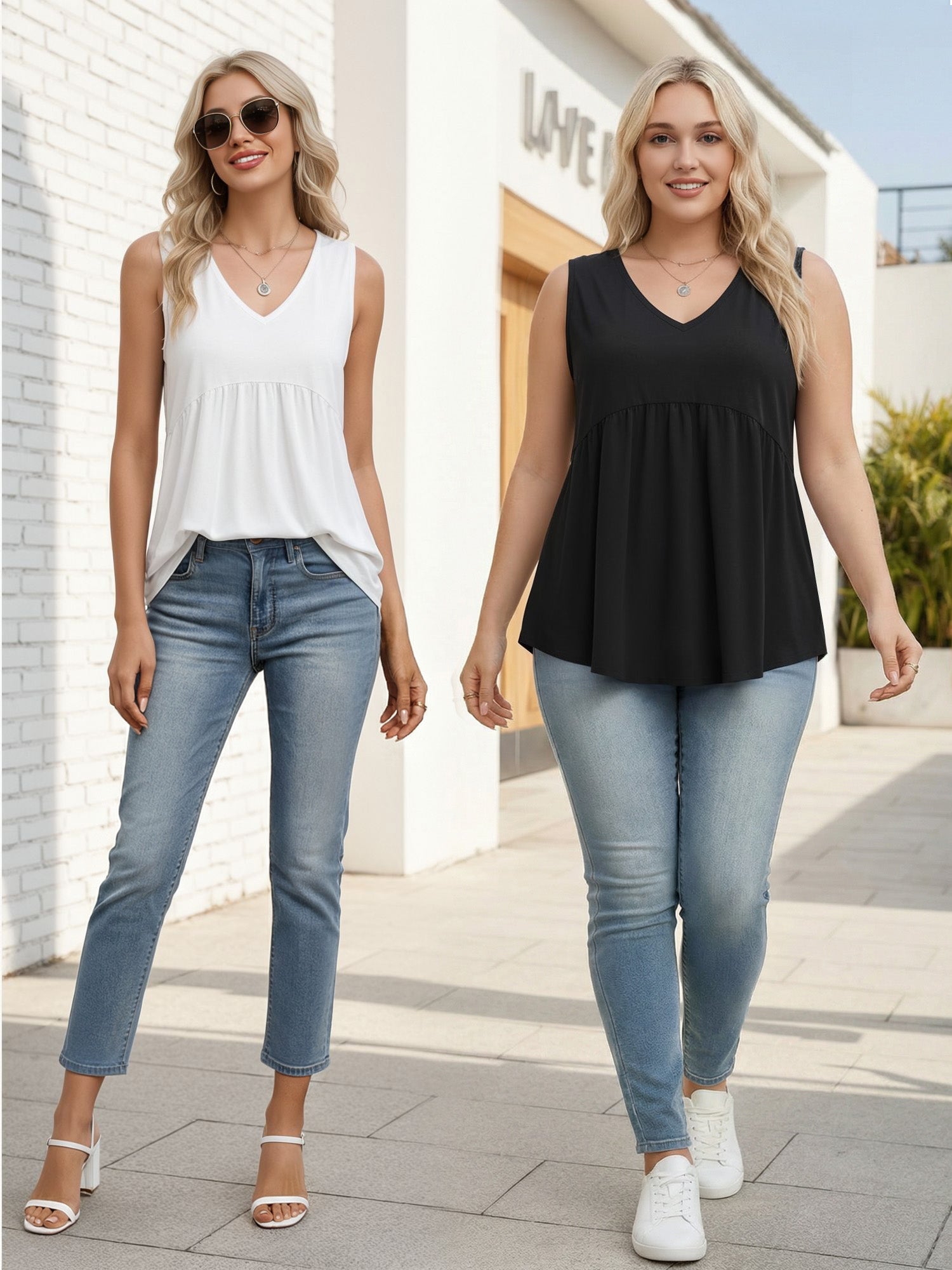 MOYIKO Tank Tops for Women V Neck T Shirts Summer Trendy Sleeveless Dressy Casual Peplum Flowy Babydoll Loose Fit