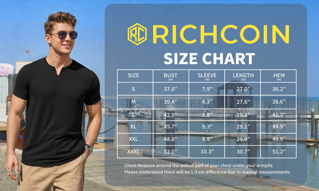 RICHCOIN Mens Muscle Slim T Shirts Texture V Neck Henley Gym Workout Athletic Tee Shirt