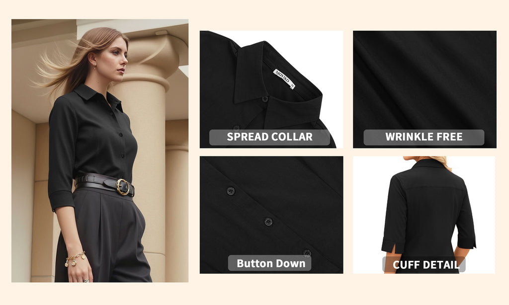 MOYIKO Womens Button Down Shirts 3/4 Sleeve Basic Business Dress Shirts Collared Work Office Fitted Blouses Tops