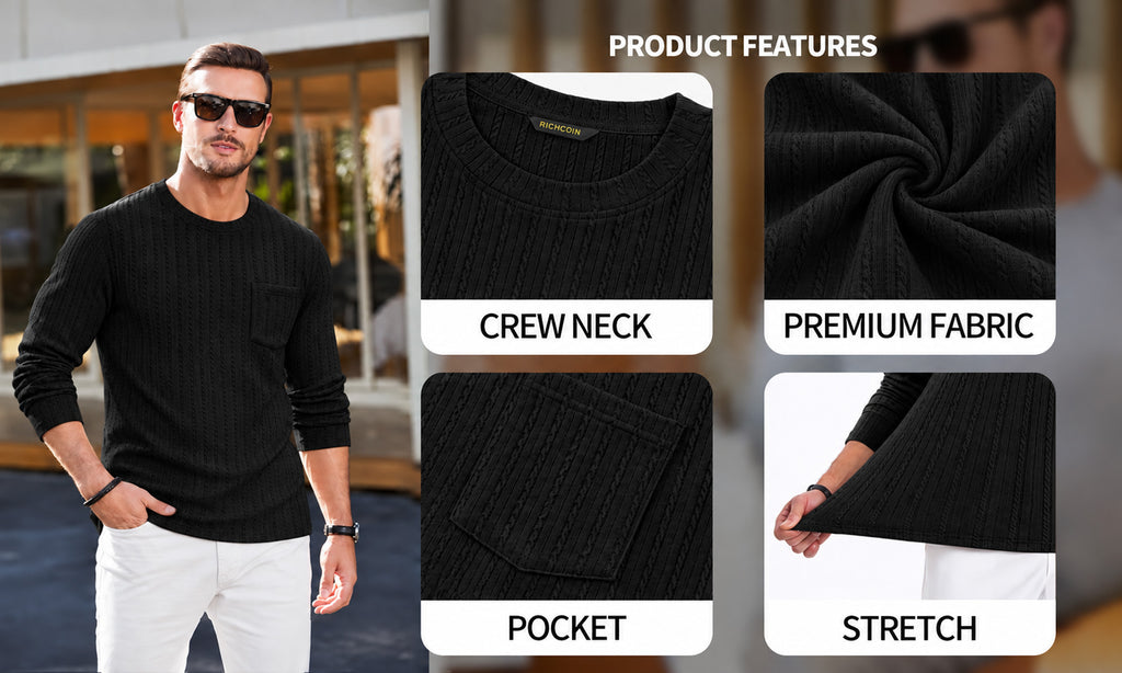RICHCOIN Men's Crewneck T-Shirts Long Sleeve Shirts for Men Ribbed Knit Textured Solid Casual Pocket Basic Tee Tops