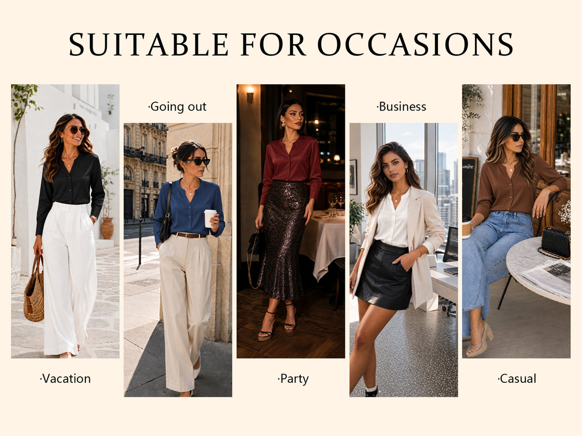 MOYIKO Womens Satin Button Down Shirts Long Sleeve Notched V Neck Dressy Business Office Fall Wear Tops