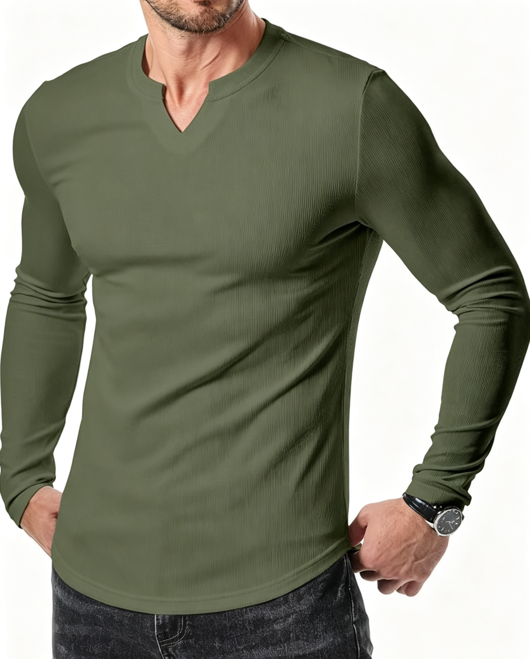 RICHCOIN Men's V Neck Long Sleeve Shirts Slim Fit Basic T Shirts Ribbed Fashion Tee
