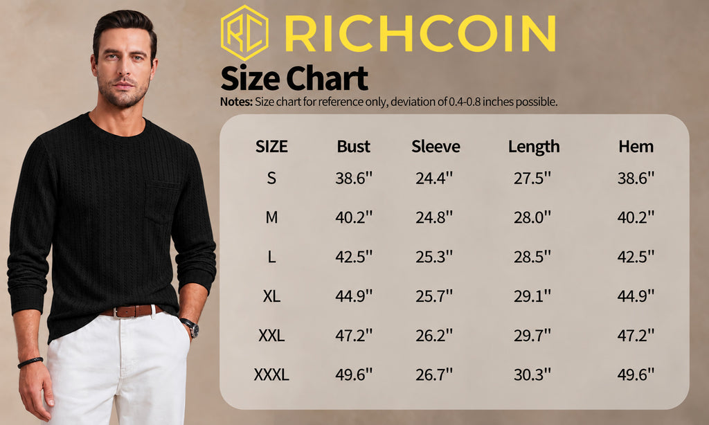 RICHCOIN Men's Crewneck T-Shirts Long Sleeve Shirts for Men Ribbed Knit Textured Solid Casual Pocket Basic Tee Tops