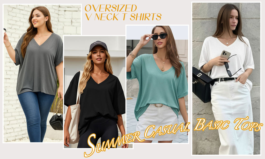 MOYIKO Oversized T shirts for Women V Neck Short Sleeve Loose Tees Summer Casual Basic Tops