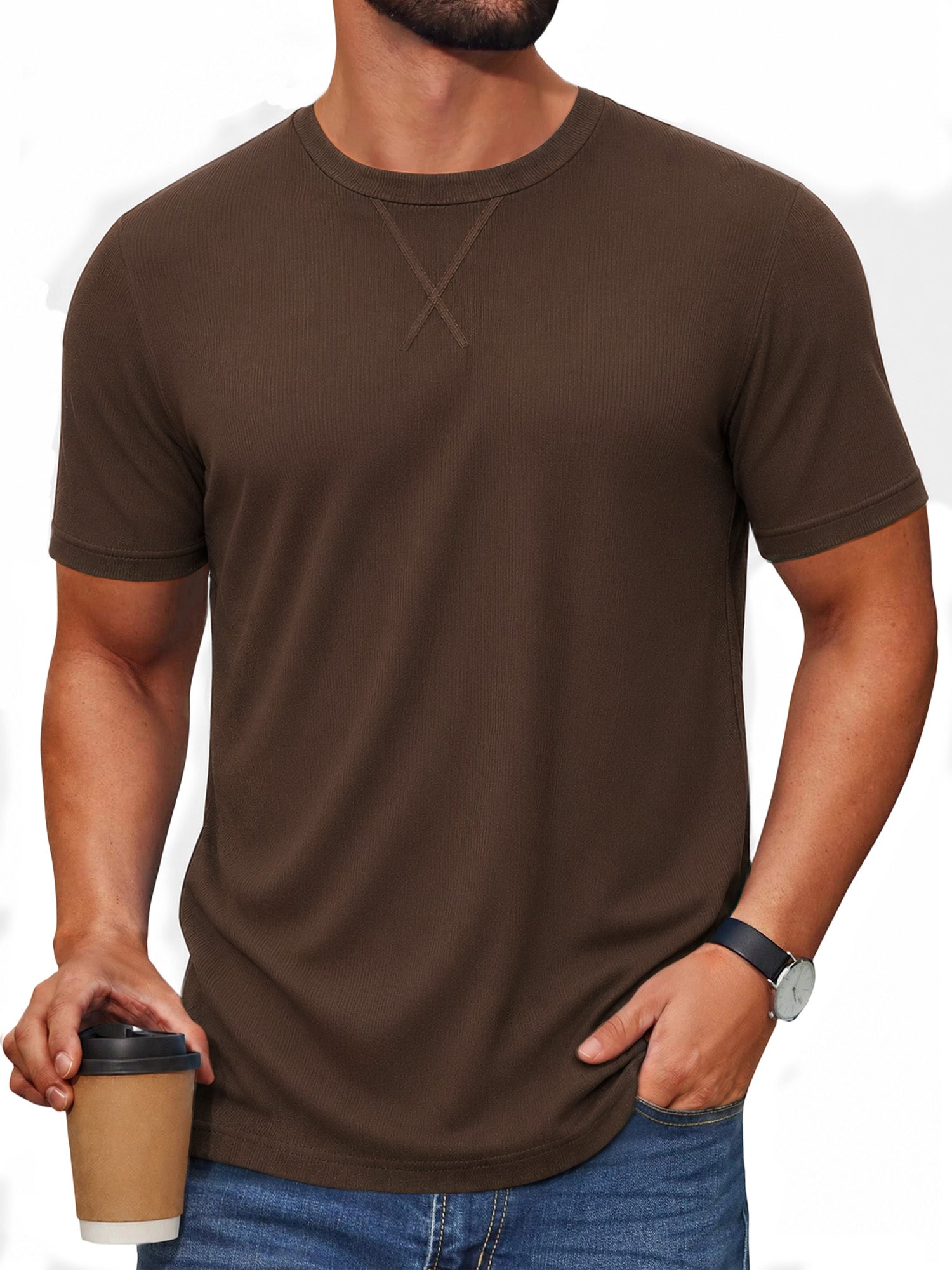 RICHCOIN Men's T Shirts Longline Curved Drop Tail Crewneck Short Sleeve Tee Hipster Fitted Shirt