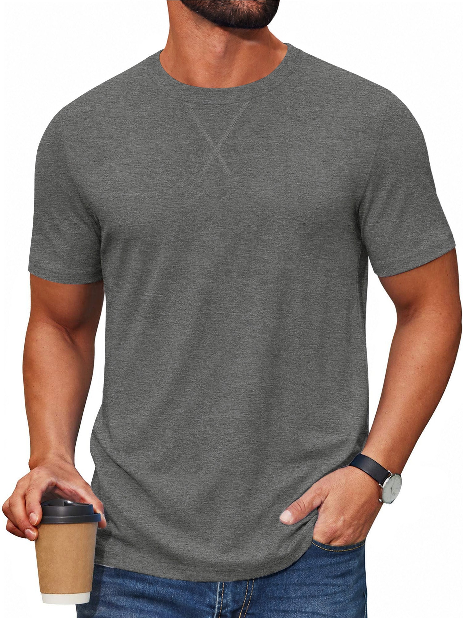 RICHCOIN Men's T Shirts Longline Curved Drop Tail Crewneck Short Sleeve Tee Hipster Fitted Shirt