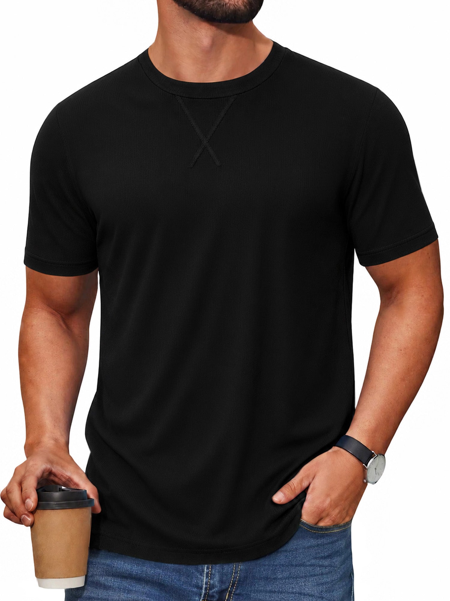 RICHCOIN Men's T Shirts Longline Curved Drop Tail Crewneck Short Sleeve Tee Hipster Fitted Shirt