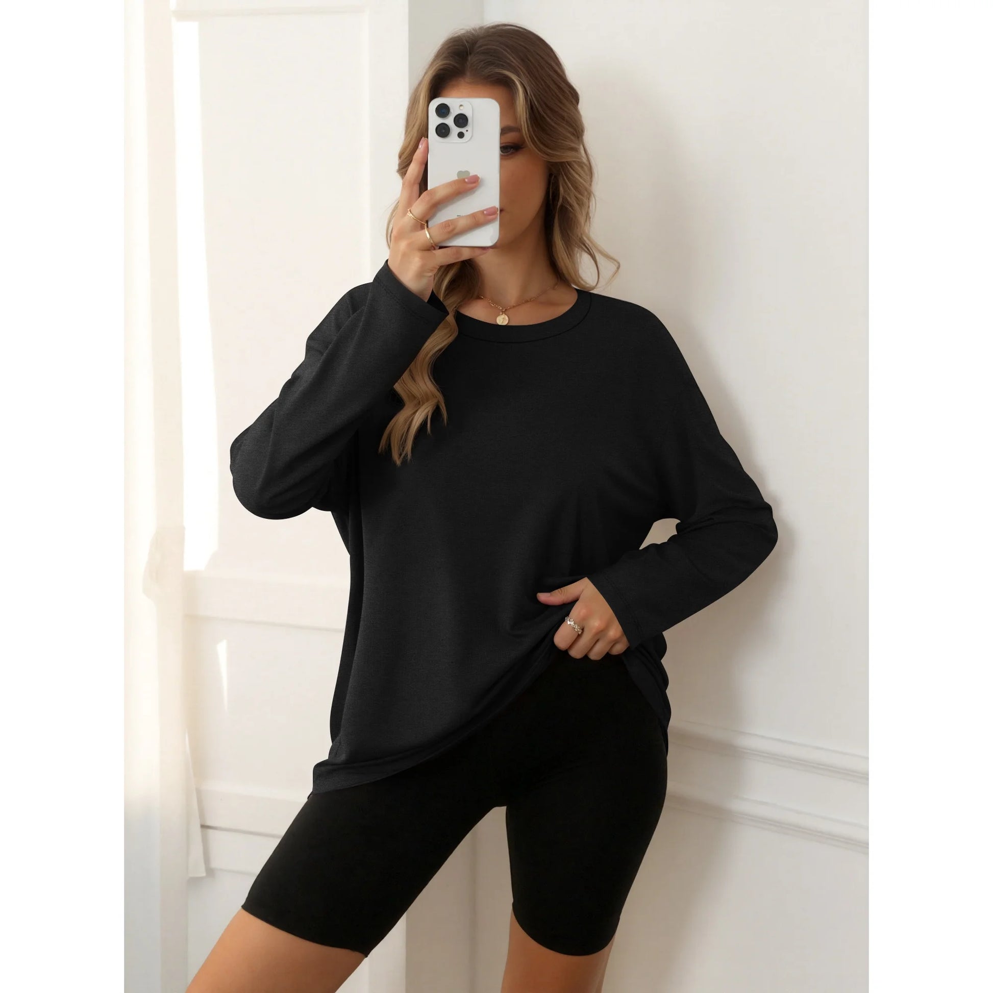 MOYIKO Oversized Long Sleeve Shirts for Women Casual Crewneck Loose Fit Tees Tops