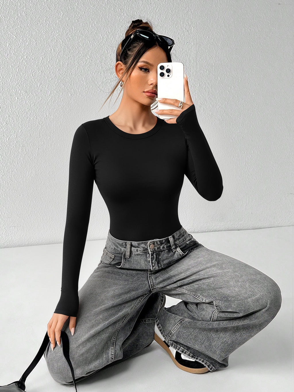 MOYIKO Crewneck Long Sleeve Body Suits Womens Slim Fitted Tight Basic Tops