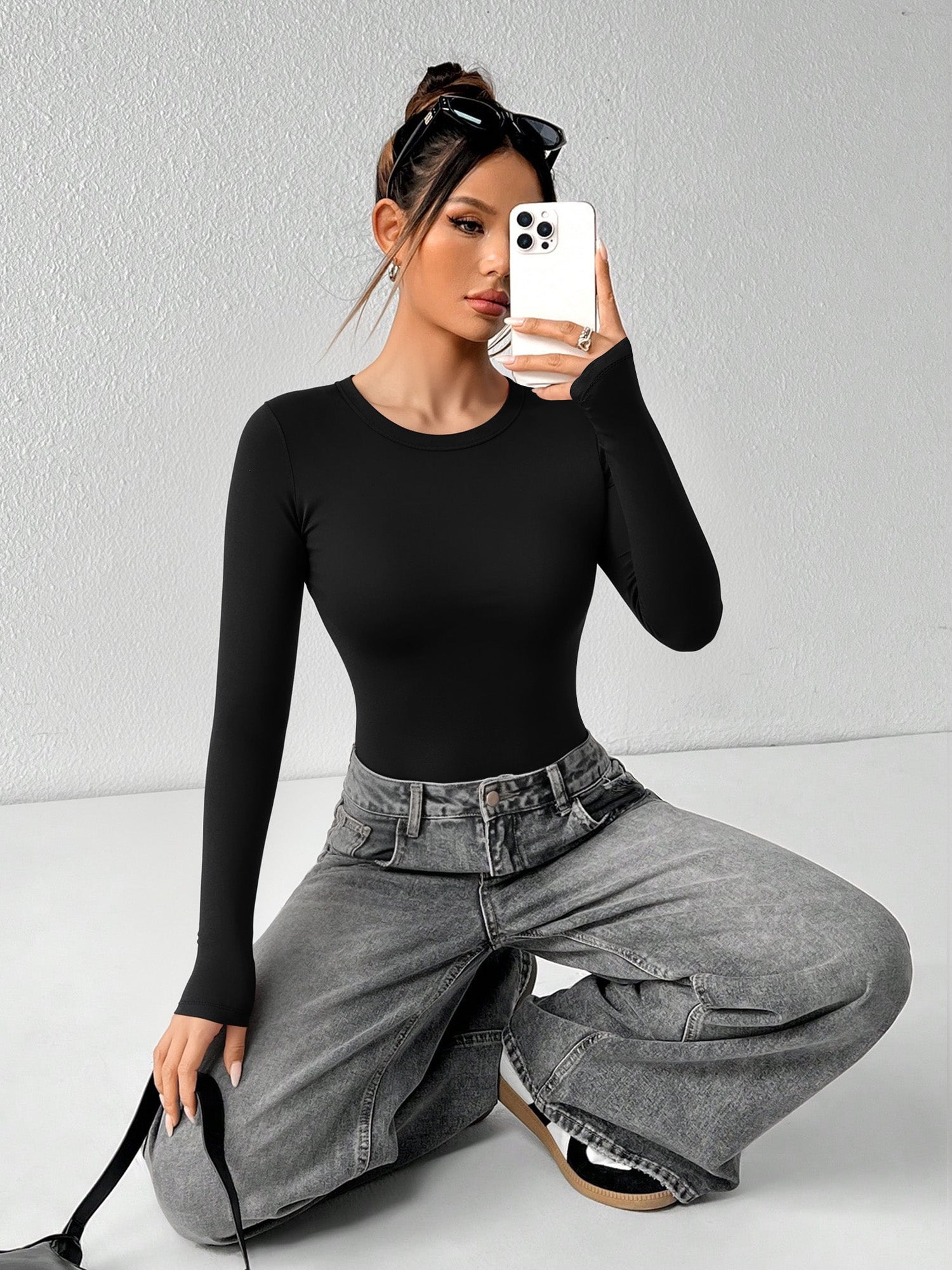 MOYIKO Crewneck Long Sleeve Body Suits Womens Slim Fitted Tight Basic Tops