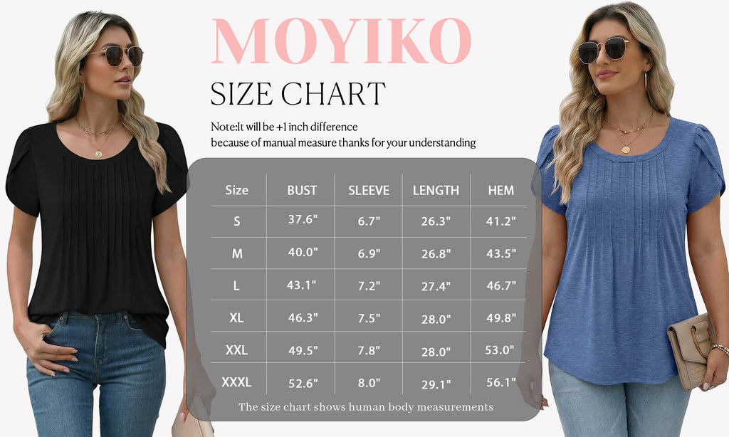 MOYIKO Womens T Shirts Petal Short Sleeve Summer Tops Pleated Tunic Round Neck Blouses Dressy Casual