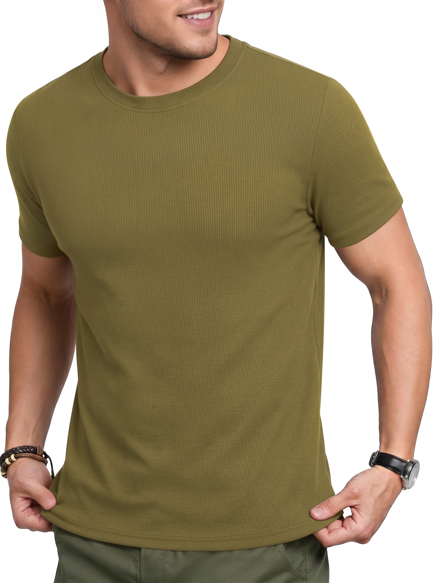 RICHCOIN Men Ribbed Summer Top Short Sleeve Crewneck Basic T-shirt White Casual Solid Color Muscle Tee Shirts