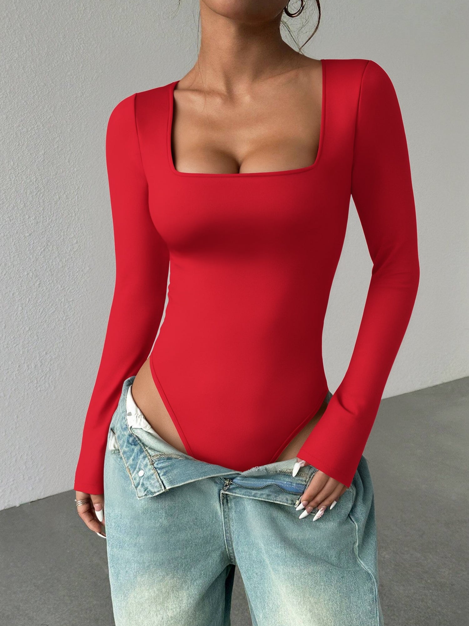 MOYIKO Square Neck Tops for Women Long Sleeve Body Suits Womens Fitted Tight Tops