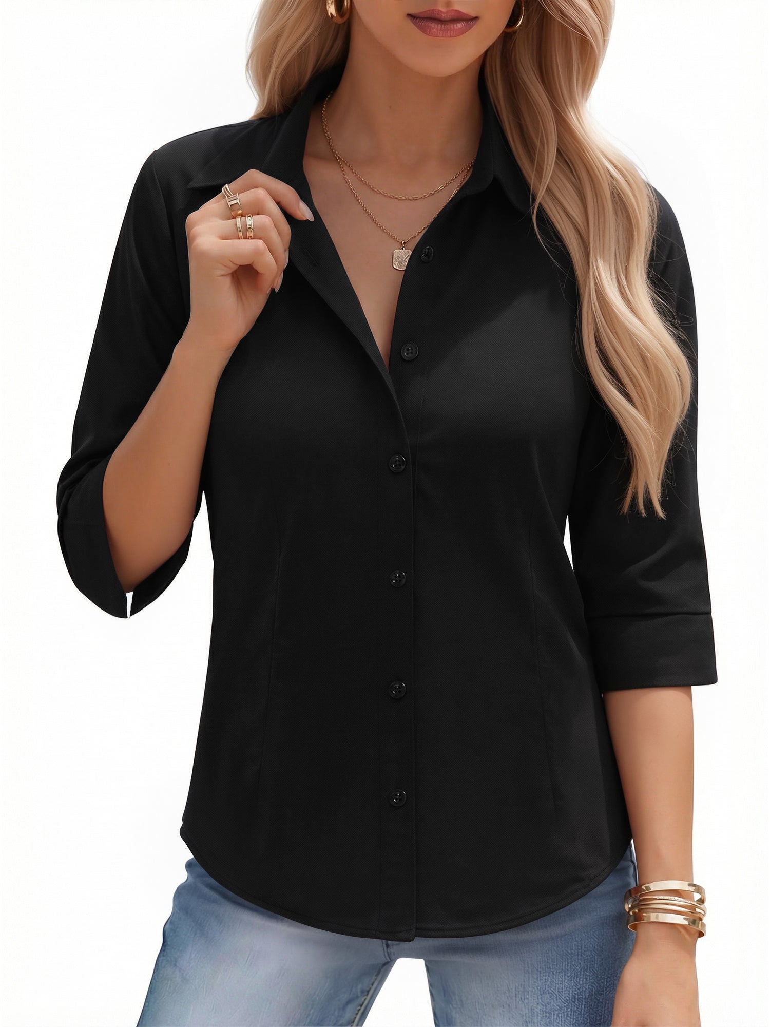 MOYIKO Womens Button Down Shirts 3/4 Sleeve Basic Business Dress Shirts Collared Work Office Fitted Blouses Tops