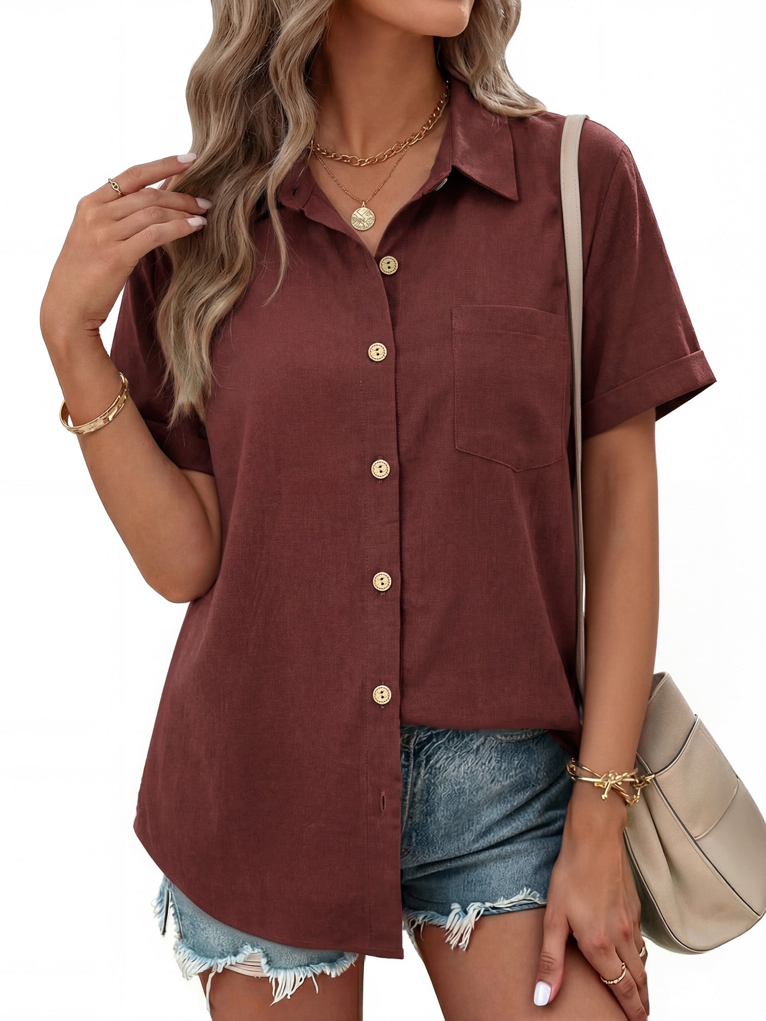 MOYIKO Womens Button Down Shirts Short Sleeve Shirt Collared Casual Work Blouses Summer Tops with Pockets