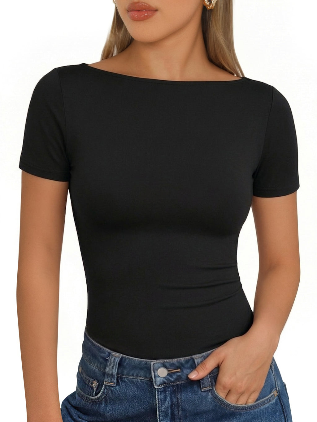 MOYIKO Womens T Shirts Short Sleeve Boat Neck Slim Fit Tee Basic Summer Tops