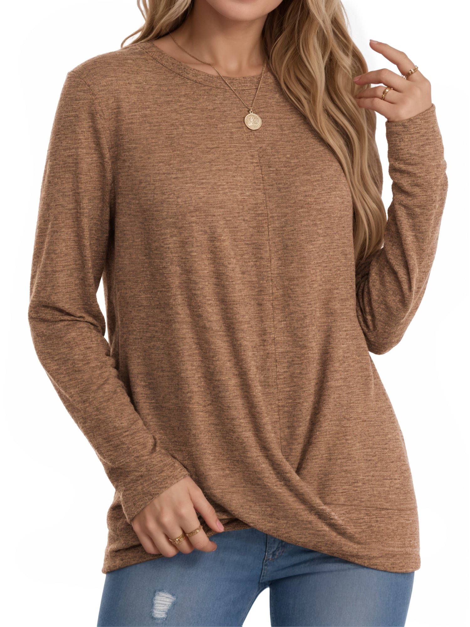 OALUXE Long Sleeve Shirts for Women Dressy Casual Tunic Tops Crewneck Front Twist Blouses