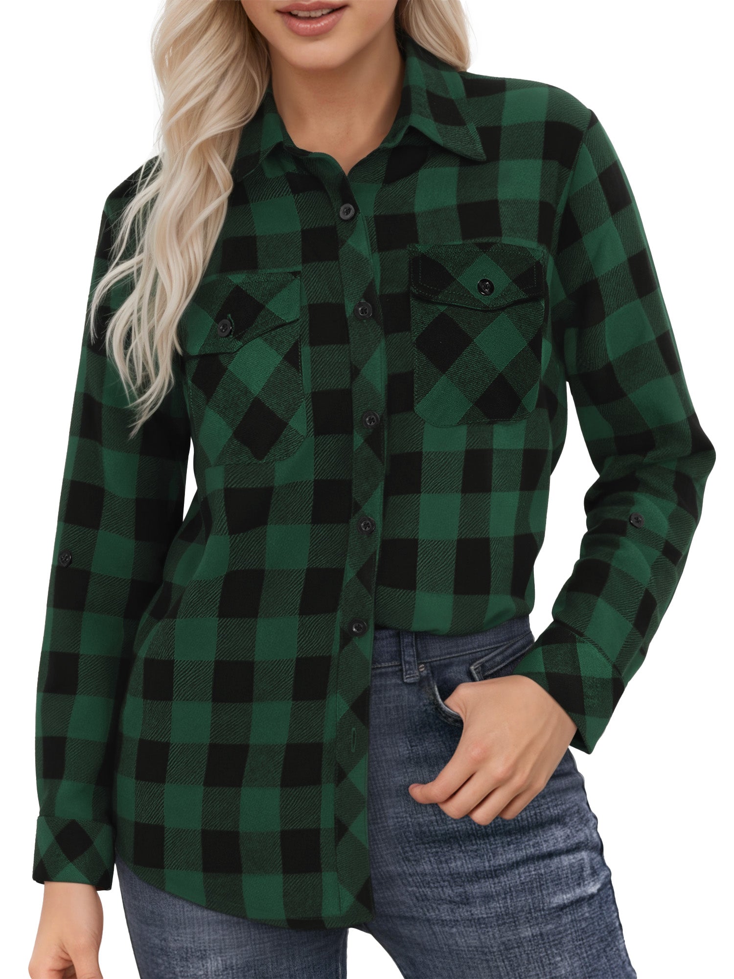 OALUXE Plaid Shirts for Women Roll Up Long Sleeve Casual Button Down Blouses Tops with Pockets