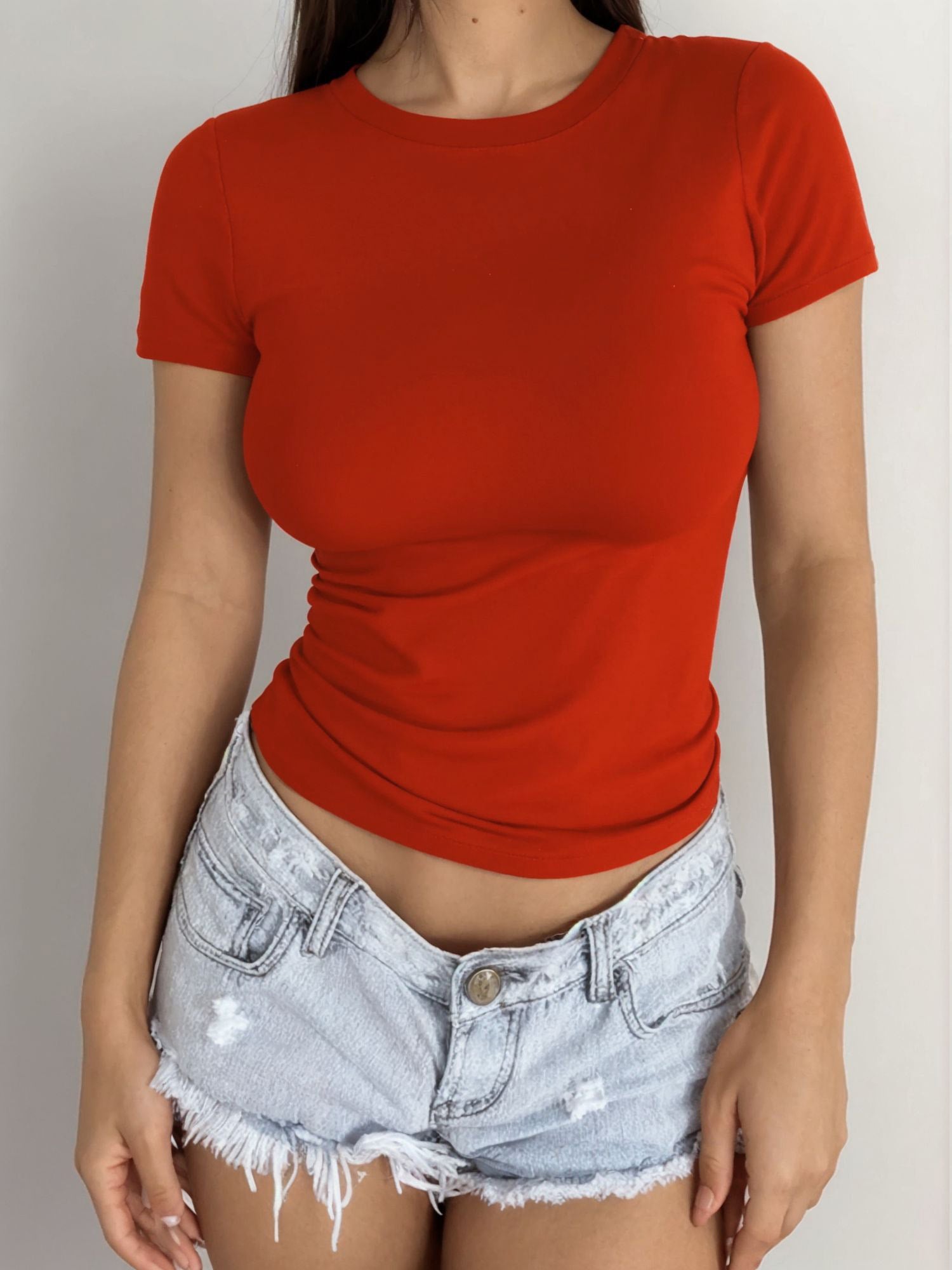 MOYIKO Crewneck T Shirts for Women Short Sleeve Slim Fitted Tees Basic Tight Summer Tops