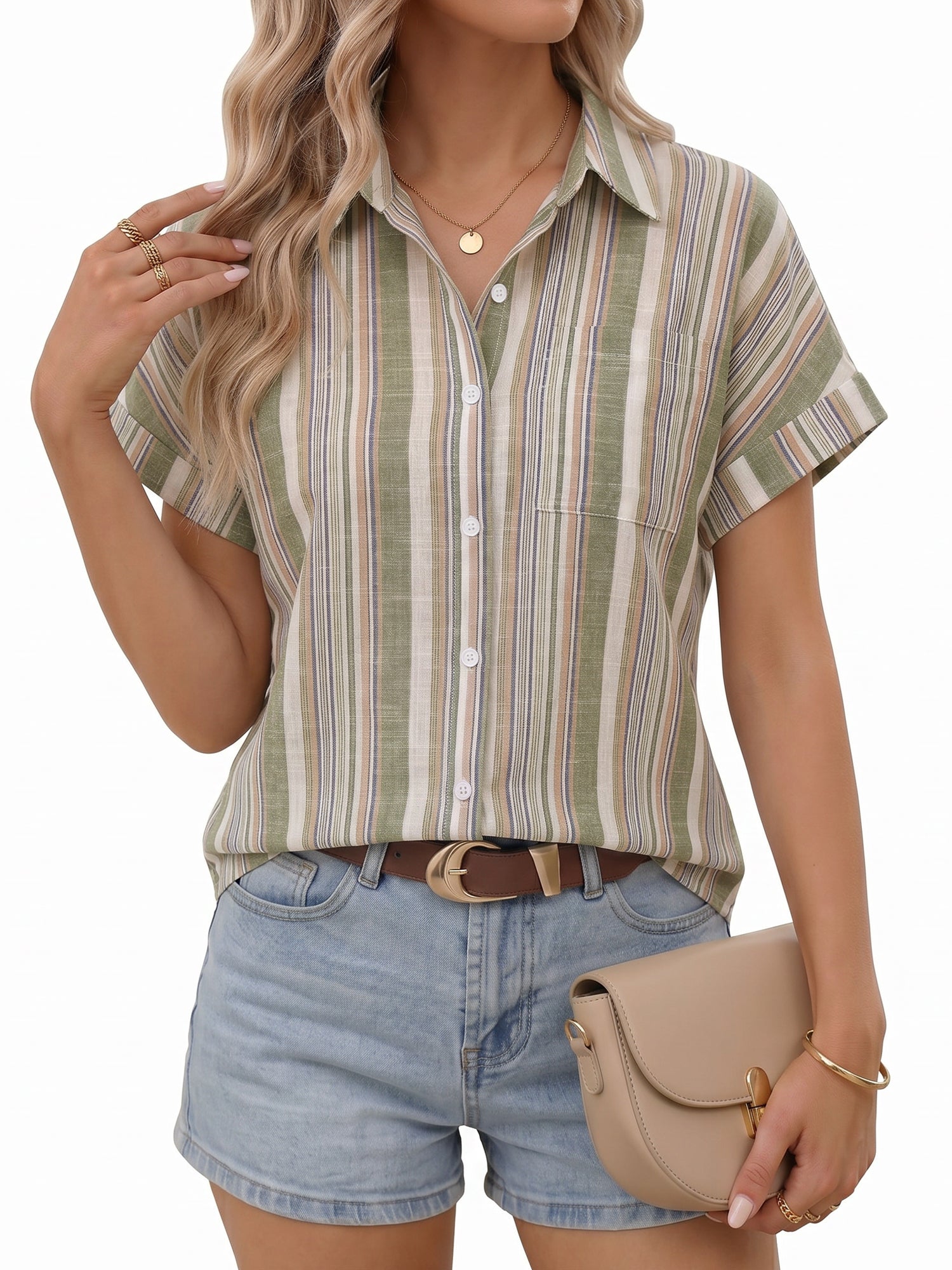 MOYIKO Womens Short Sleeve Striped Shirts Casual Button Down V Neck Work Blouses Tops