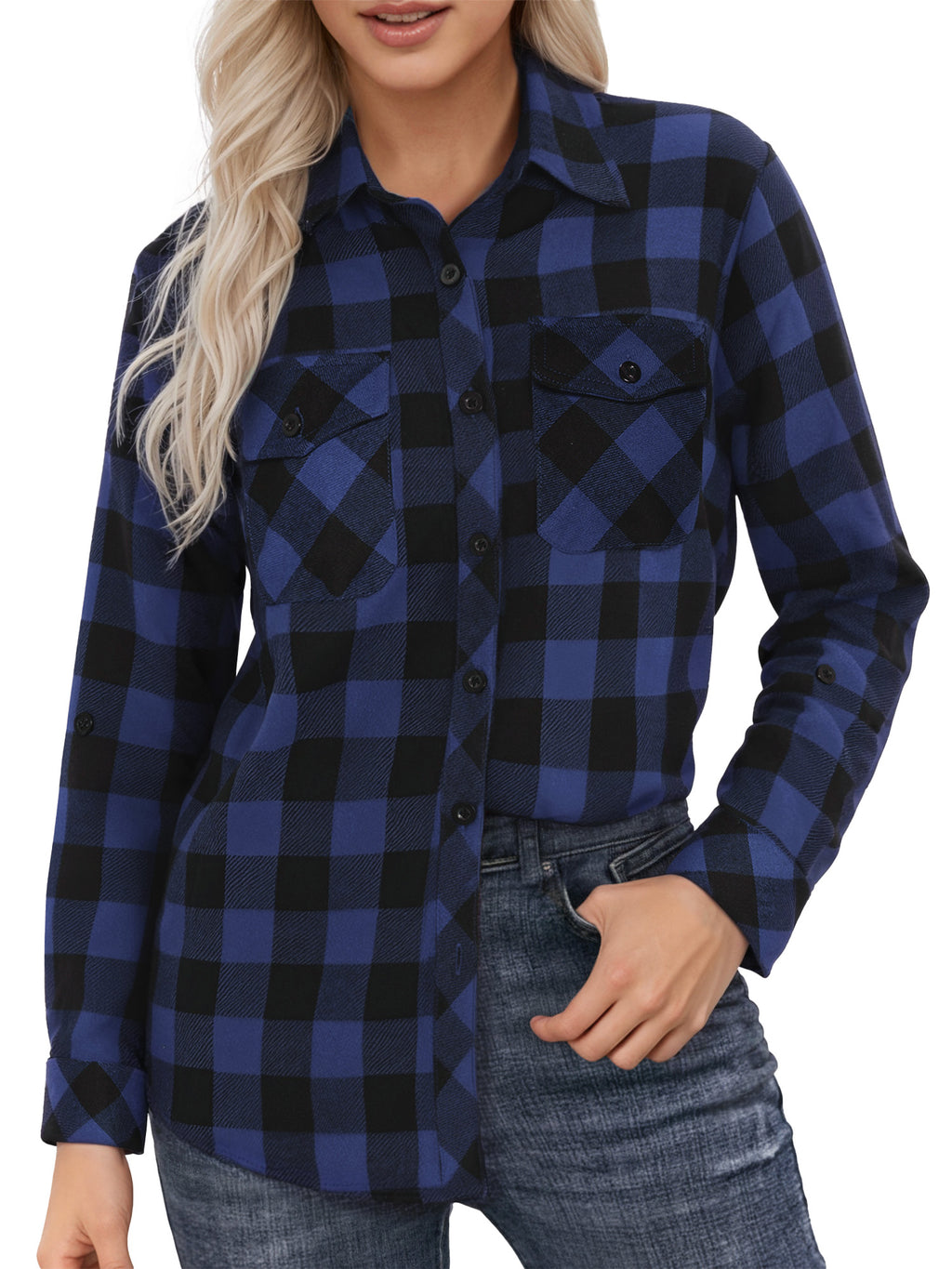 OALUXE Plaid Shirts for Women Roll Up Long Sleeve Casual Button Down Blouses Tops with Pockets