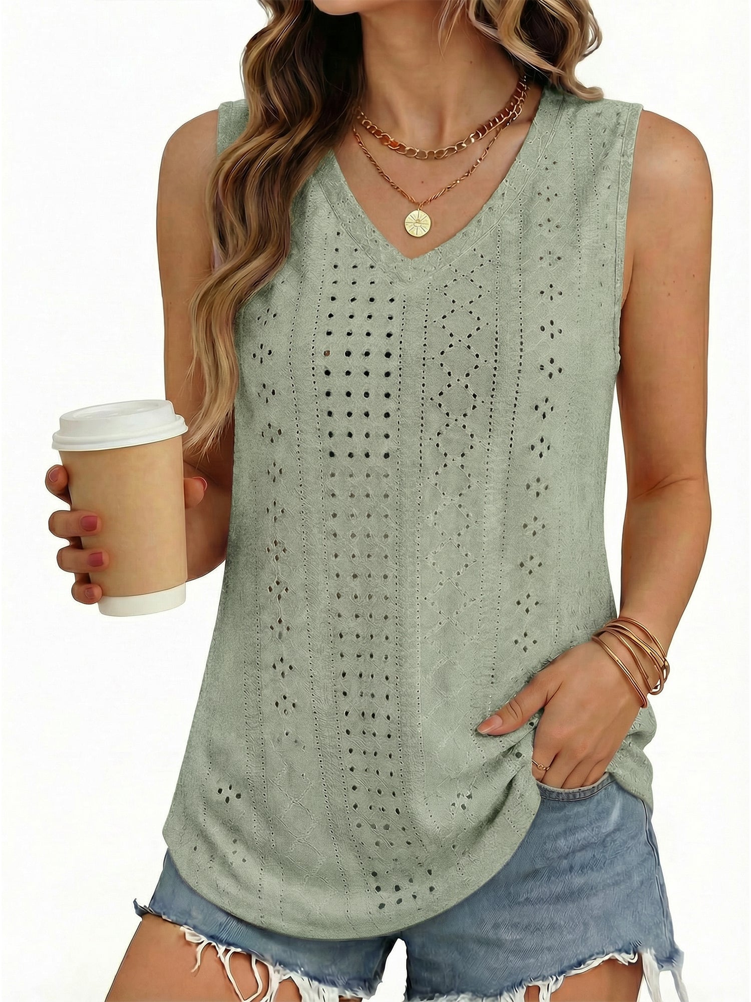 MOYIKO Tank Tops for Women Eyelet V Neck Trendy Sleeveless Tops Dressy Casual Flowy Summer Shirts Loose Fit