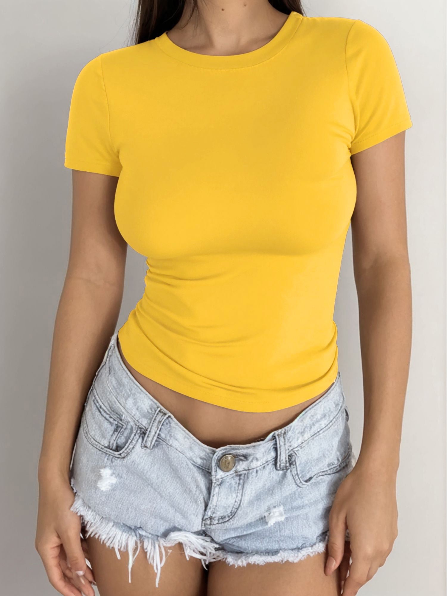 MOYIKO Crewneck T Shirts for Women Short Sleeve Slim Fitted Tees Basic Tight Summer Tops