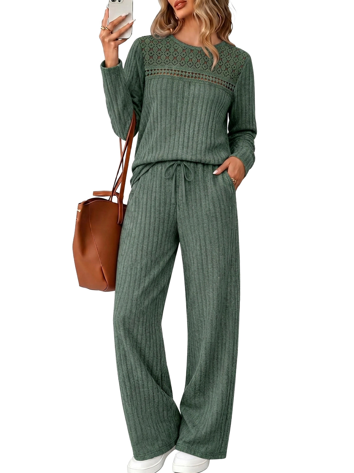 MOYIKO Two Piece Lounge Sets for Women Casual Lace Pajamas Set Wide Leg Pants Winter Matching 2 Piece Outfits Trendy Clothes