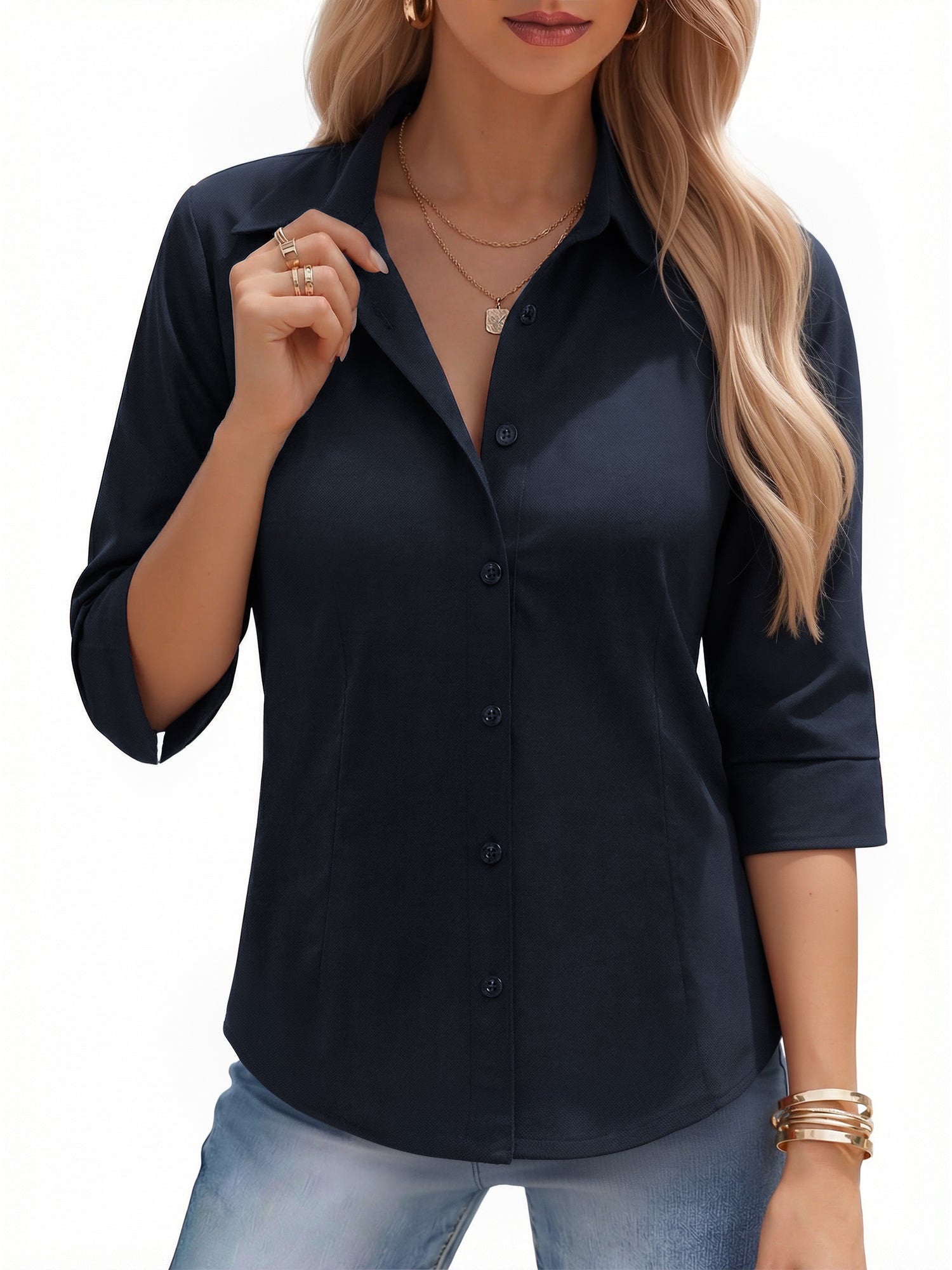 MOYIKO Womens Button Down Shirts 3/4 Sleeve Basic Business Dress Shirts Collared Work Office Fitted Blouses Tops