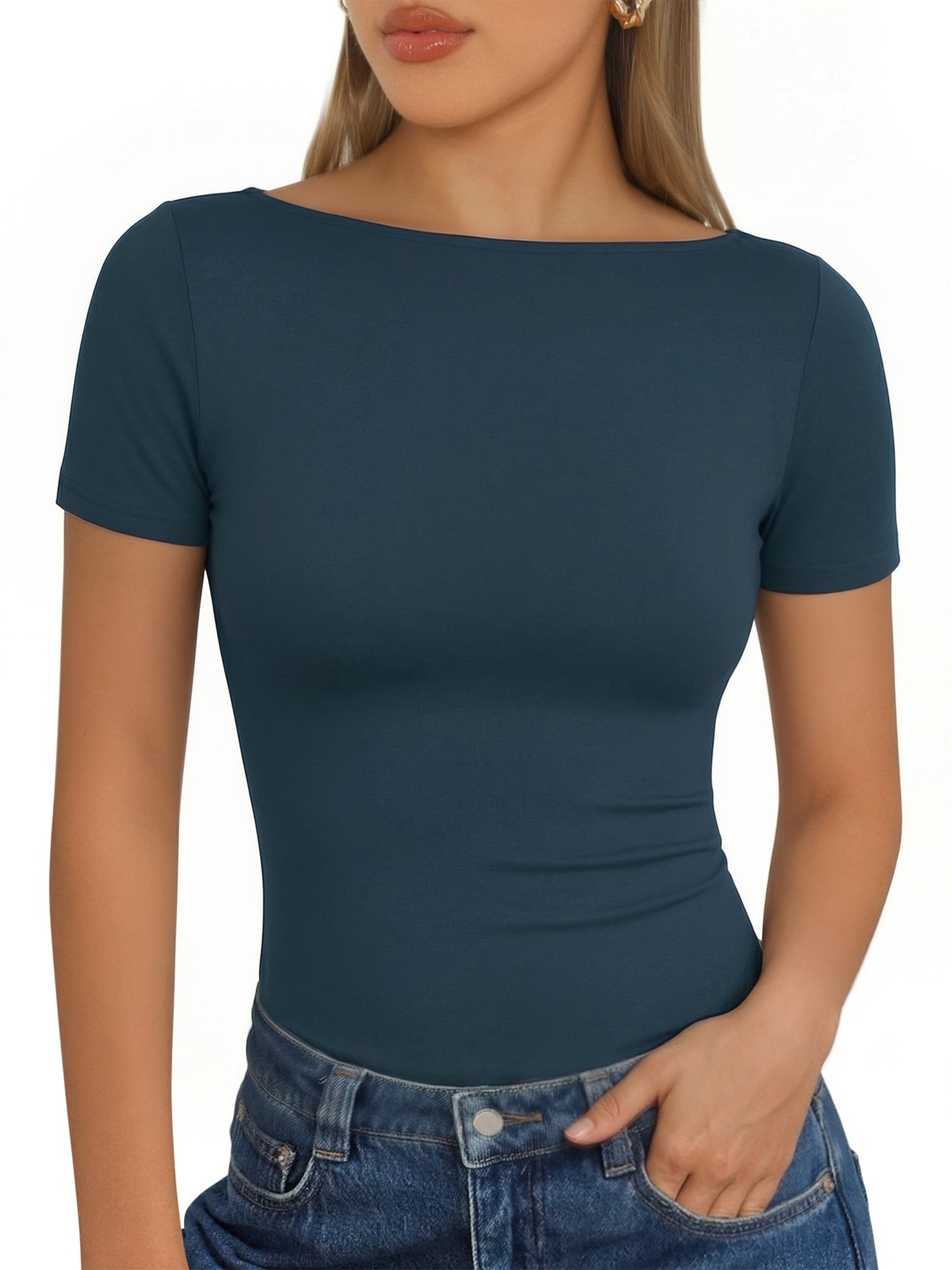 MOYIKO Womens T Shirts Short Sleeve Boat Neck Slim Fit Tee Basic Summer Tops