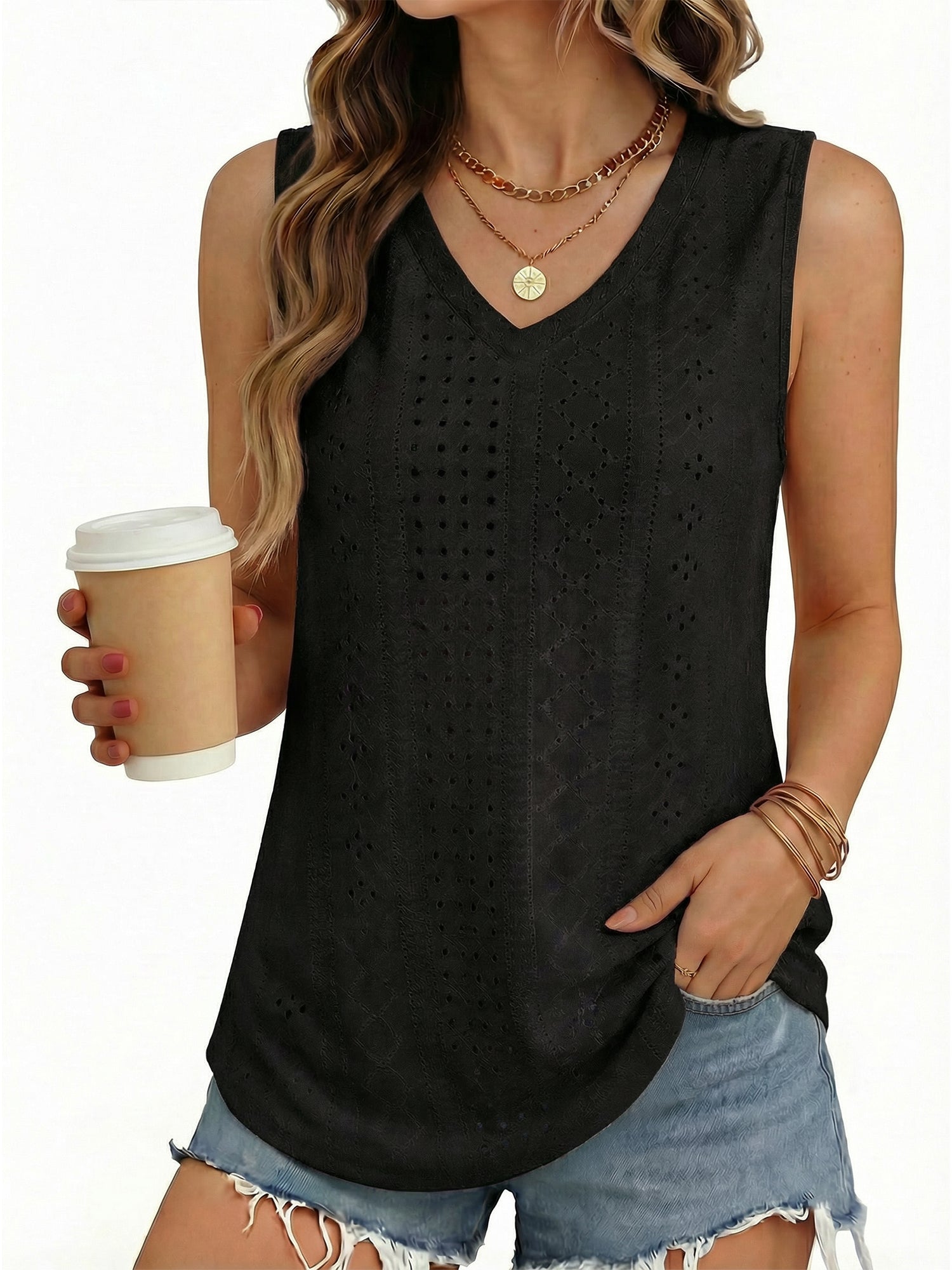 MOYIKO Tank Tops for Women Eyelet V Neck Trendy Sleeveless Tops Dressy Casual Flowy Summer Shirts Loose Fit