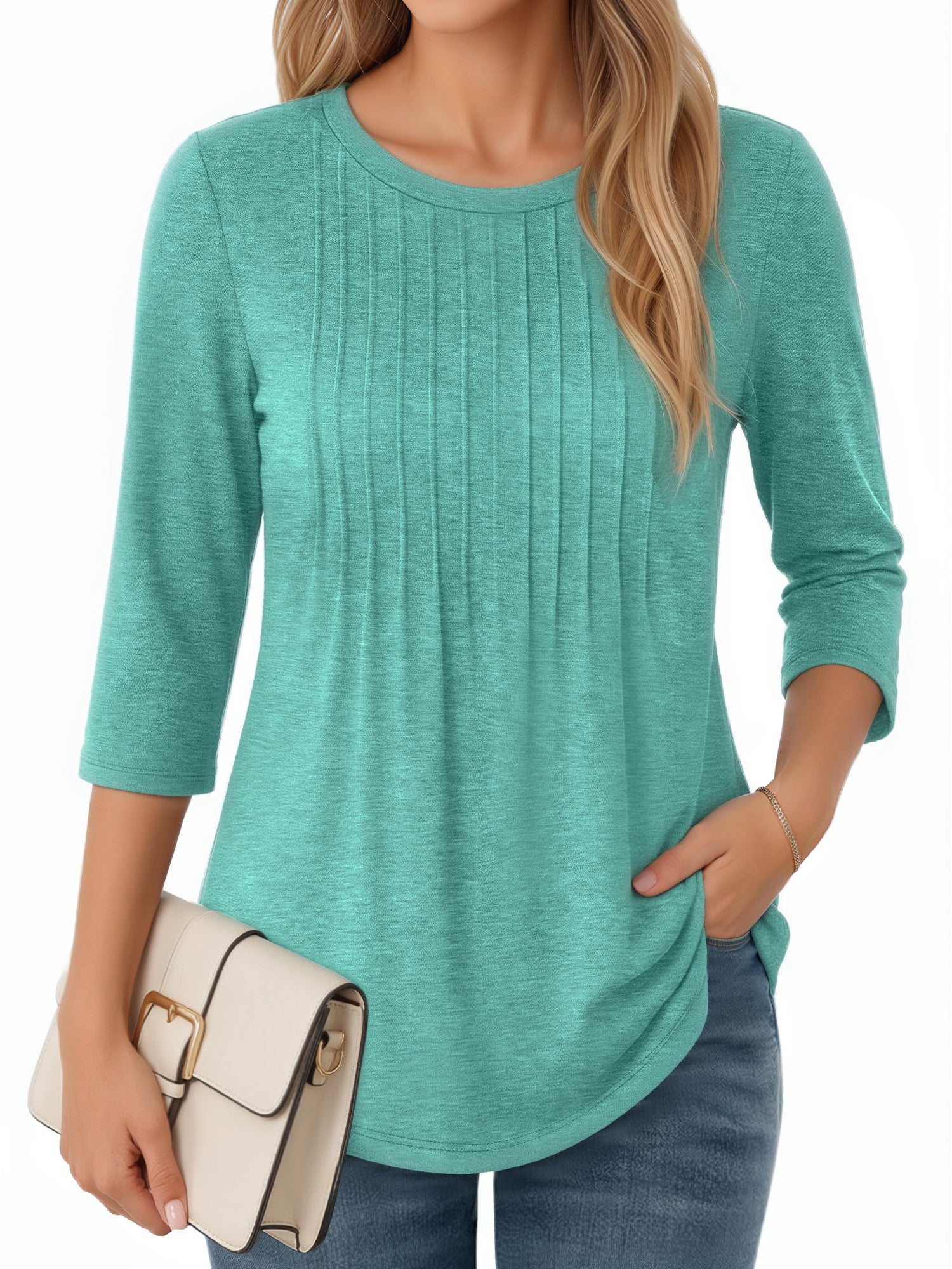MOYIKO 3/4 Length Sleeve Womens Tops Round Neck T Shirts Pleated Tunic Summer Blouses Dressy Casual