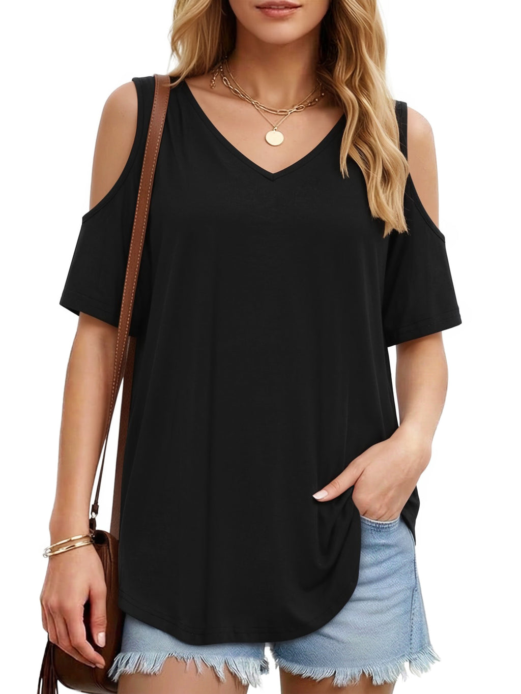 MOYIKO Women's Shirts Cold Shoulder Tops Summer Short Sleeve V Neck Loose Fit T Shirt Basic Black Tee Blouse