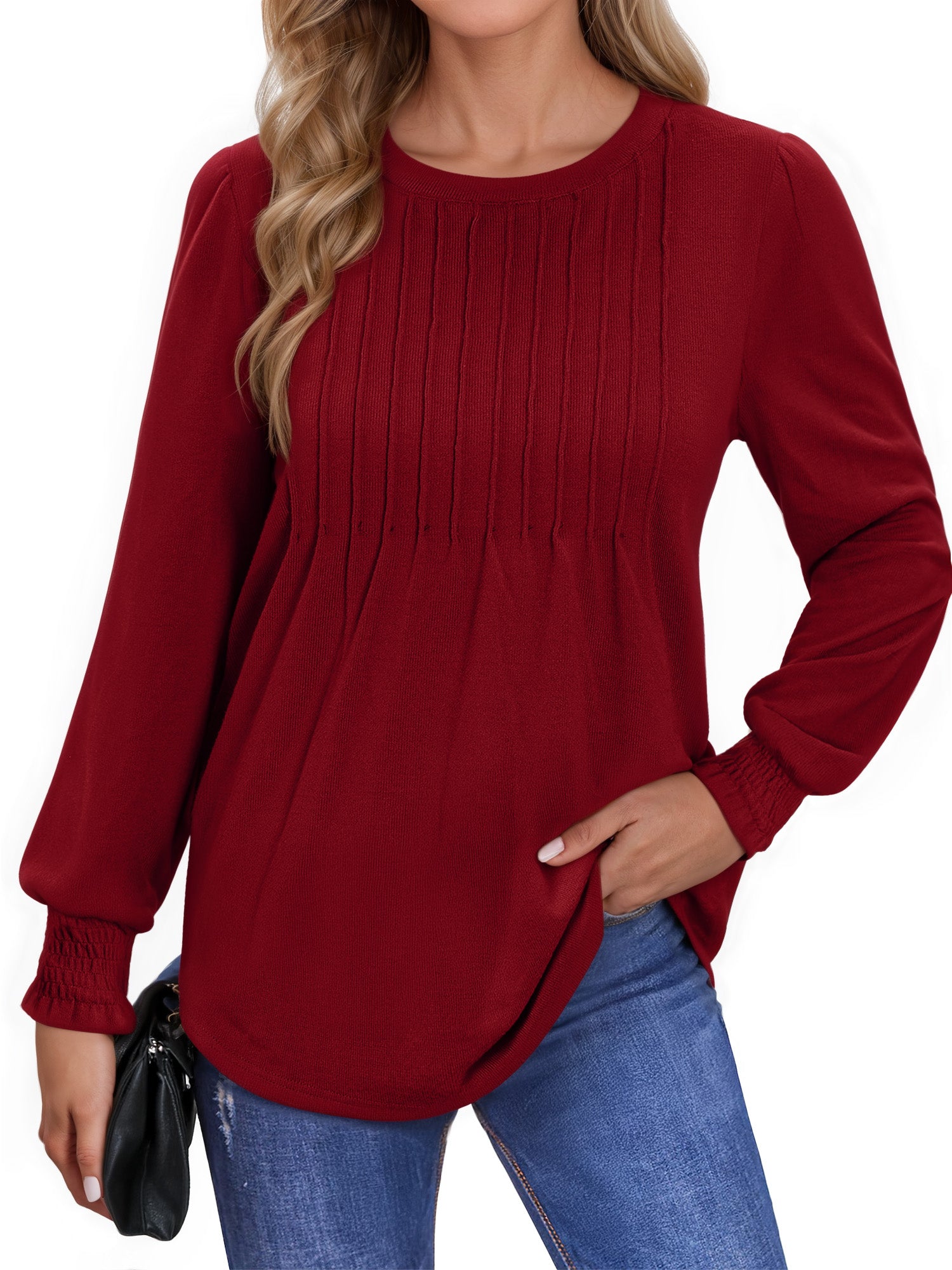 OALUXE Pleated Blouses for Women Long Sleeve Shirts Dressy Casual Tunic Tops with Smocked Cuffs