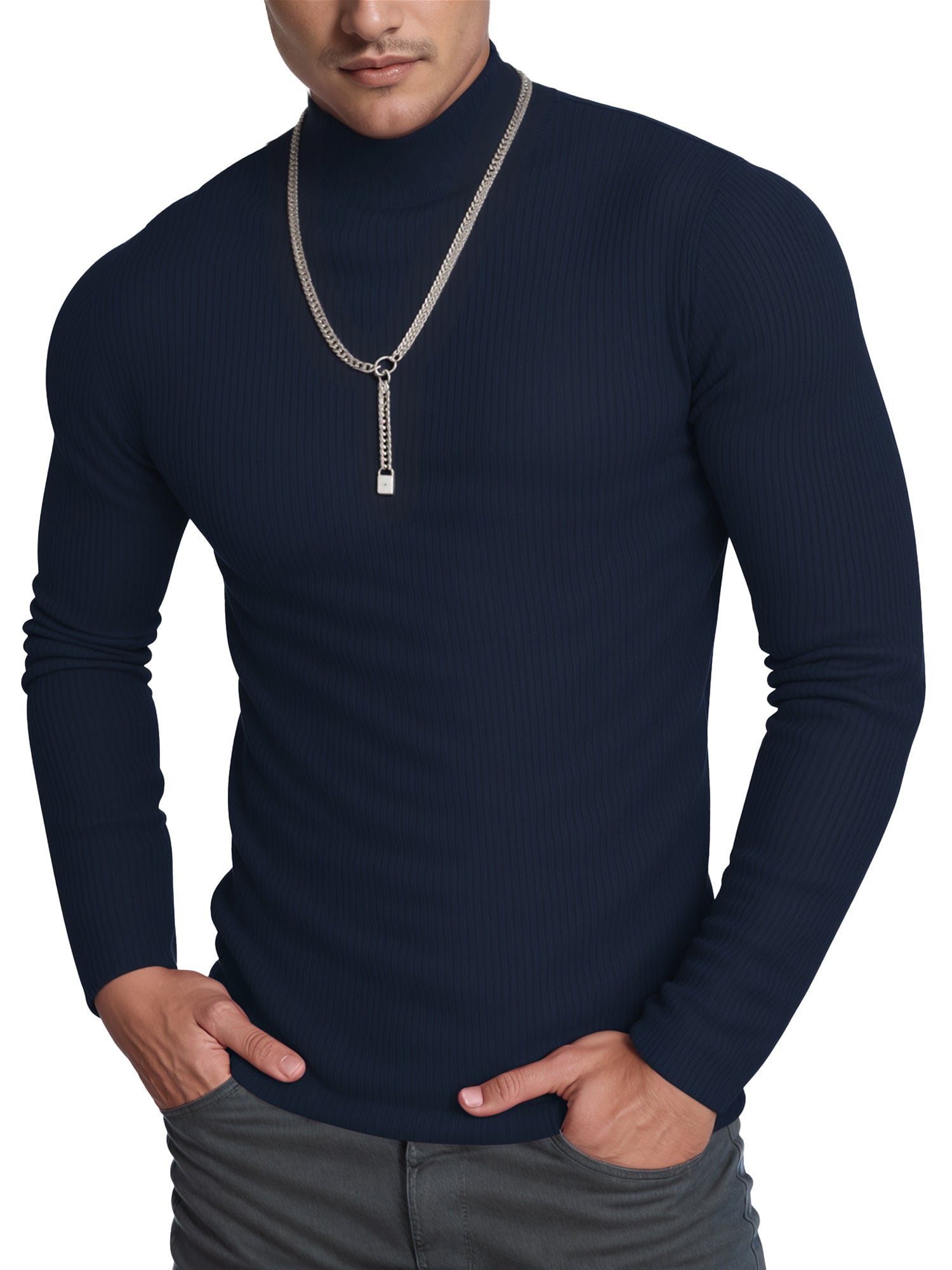 OALUXE Turtleneck Ribbed Long Sleeve Shirts for Mens Undershirts Knit Thermal Basic Tops
